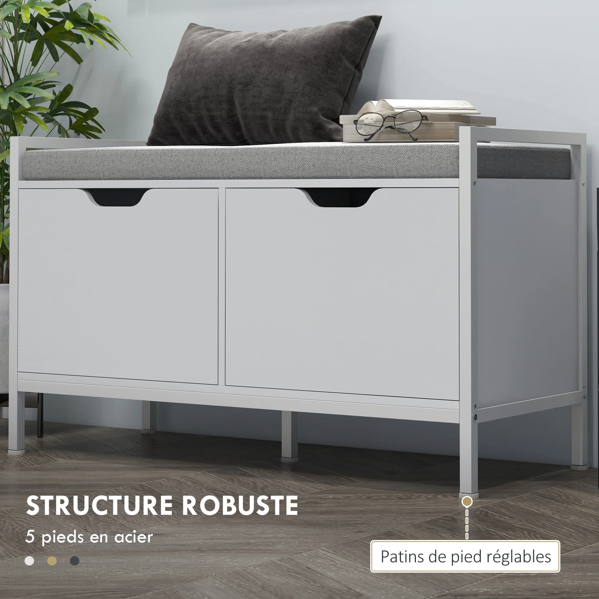 Banc à chaussures meuble à chaussures, 2 placards, meuble d'entrée avec coussin rembourrée, pour couloir, entrée, chambre, 84l x 35P x 50H cm, blanc - Image 7