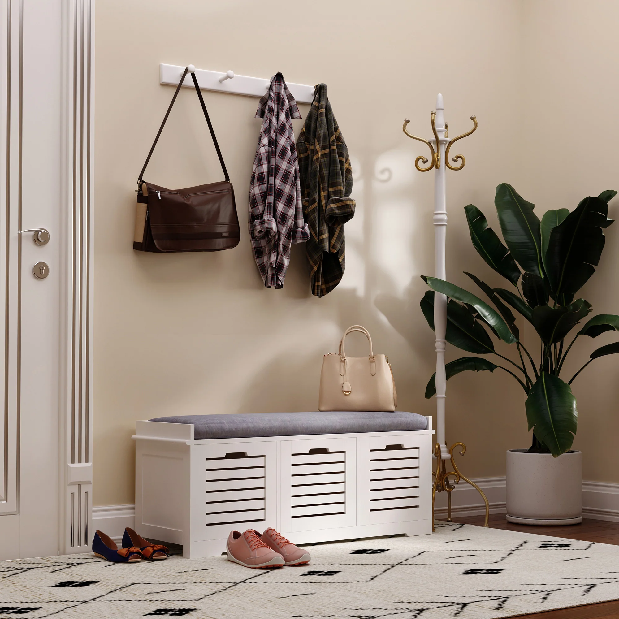 Banc à chaussures meuble à chaussures avec 3 tiroirs et coussin d'assise amovible, banc de rangement pour couloir, entrée, chambre, dim. 108l x 35P x 43H cm, blanc - Image 3