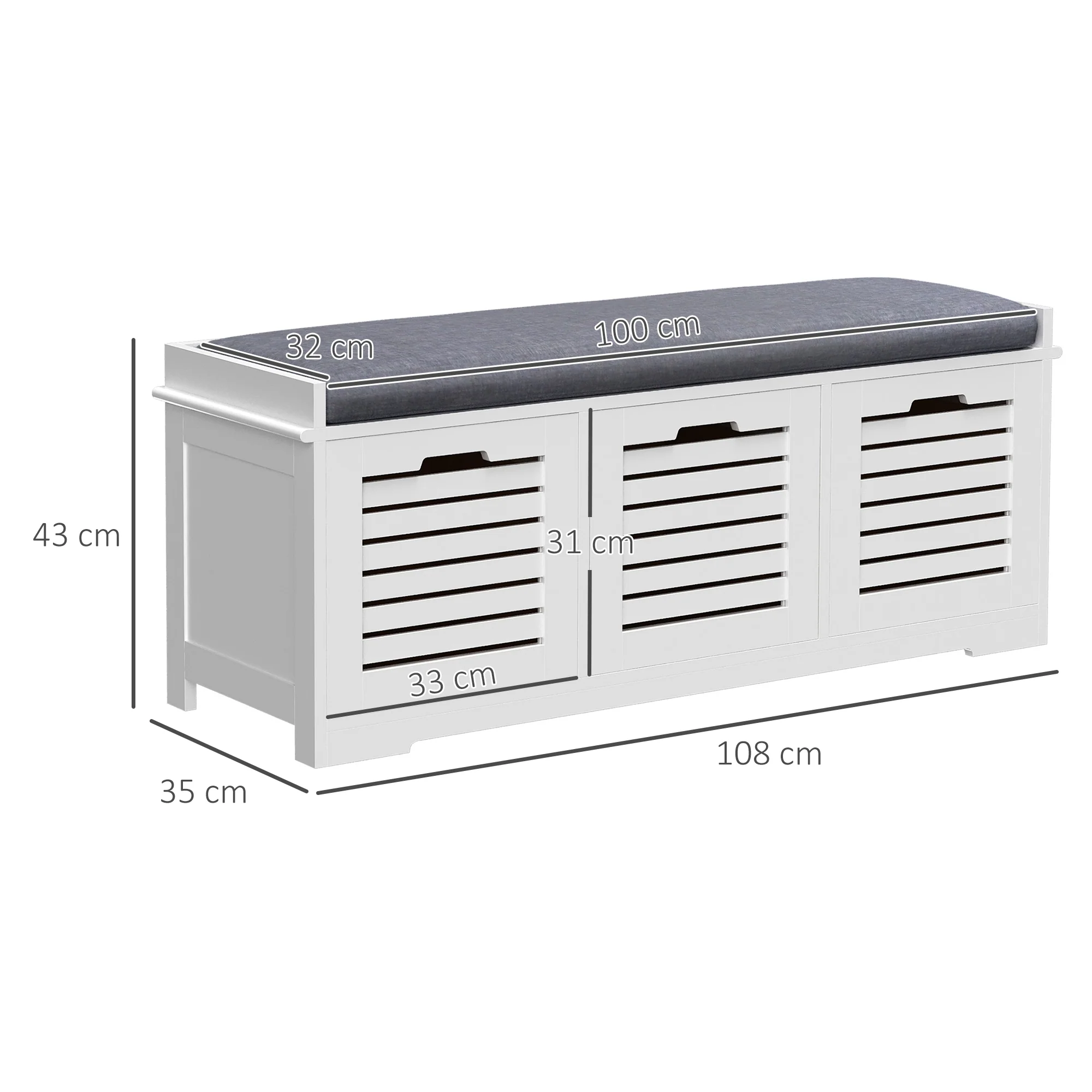 Banc à chaussures meuble à chaussures avec 3 tiroirs et coussin d'assise amovible, banc de rangement pour couloir, entrée, chambre, dim. 108l x 35P x 43H cm, blanc - Image 4