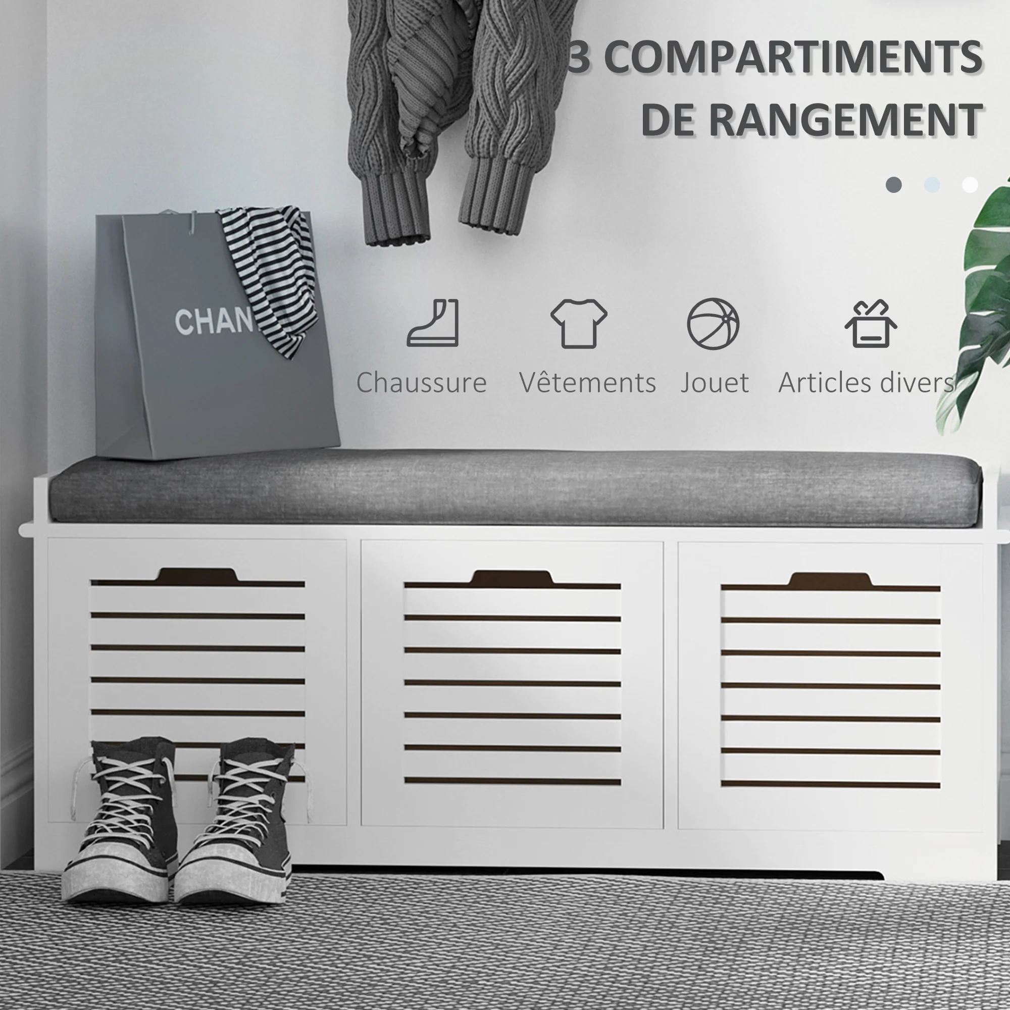Banc à chaussures meuble à chaussures avec 3 tiroirs et coussin d'assise amovible, banc de rangement pour couloir, entrée, chambre, dim. 108l x 35P x 43H cm, blanc - Image 5