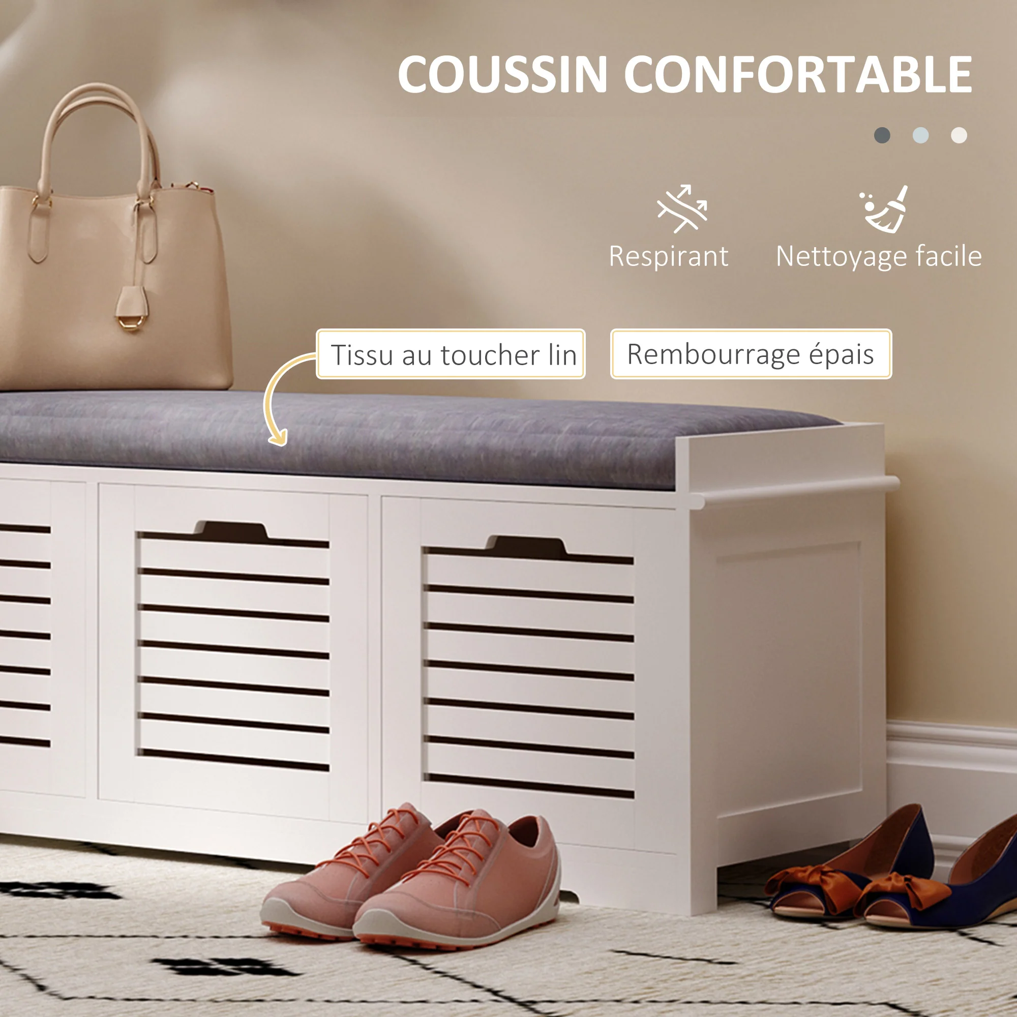 Banc à chaussures meuble à chaussures avec 3 tiroirs et coussin d'assise amovible, banc de rangement pour couloir, entrée, chambre, dim. 108l x 35P x 43H cm, blanc - Image 6
