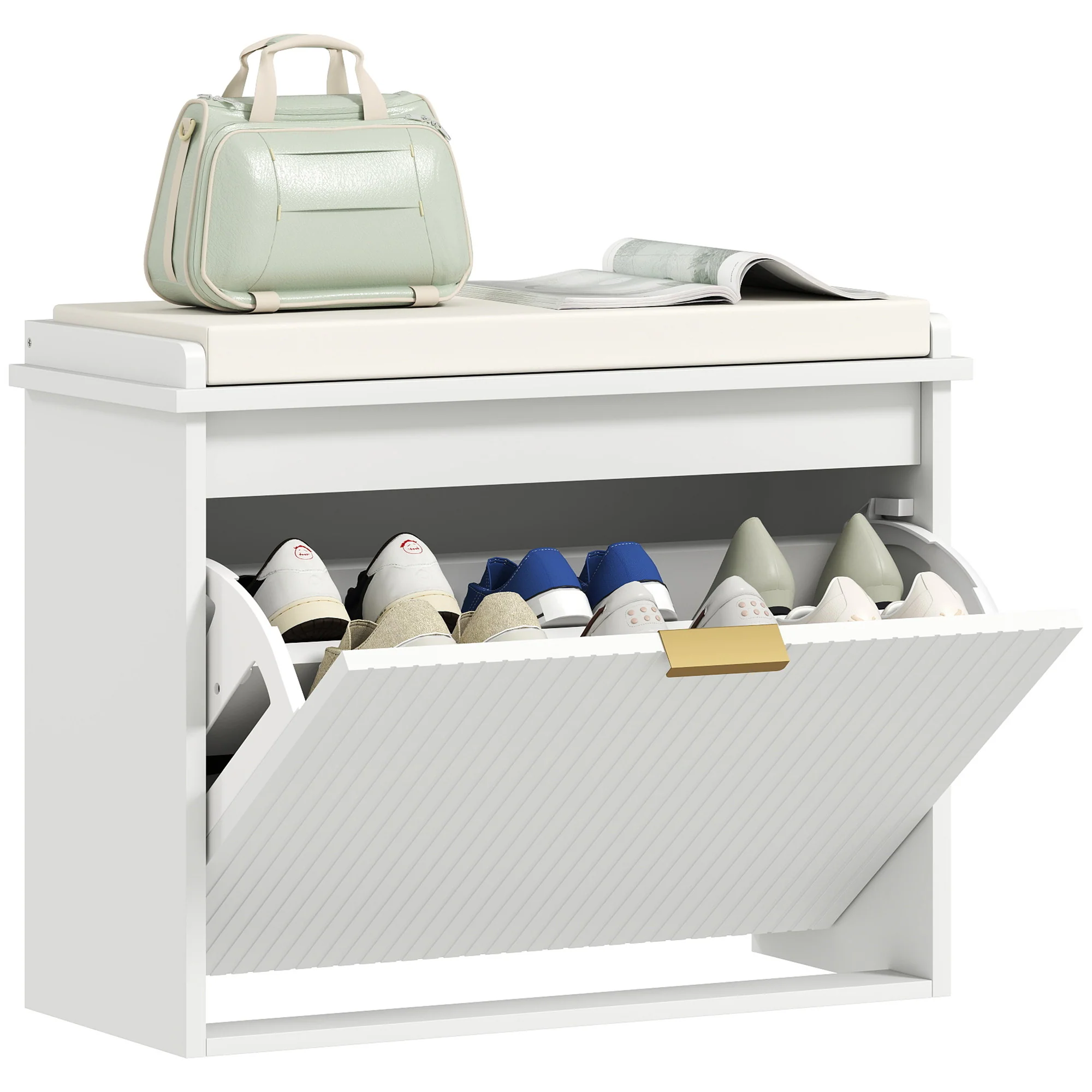 Banc à chaussures meuble à chaussures avec coussin d'assise rembourré et tiroir rabattable, banc d'entrée pour couloir, chambre, charge 120 KG, 62 x 26 x 47,5 cm, blanc - Image 11