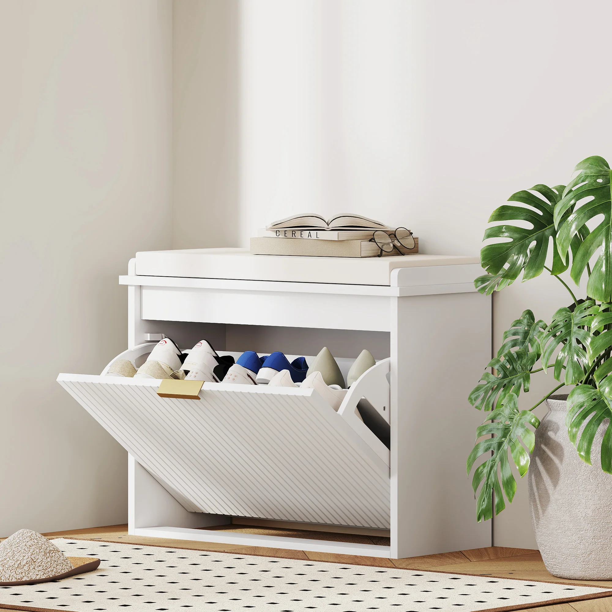 Banc à chaussures meuble à chaussures avec coussin d'assise rembourré et tiroir rabattable, banc d'entrée pour couloir, chambre, charge 120 KG, 62 x 26 x 47,5 cm, blanc - Image 3