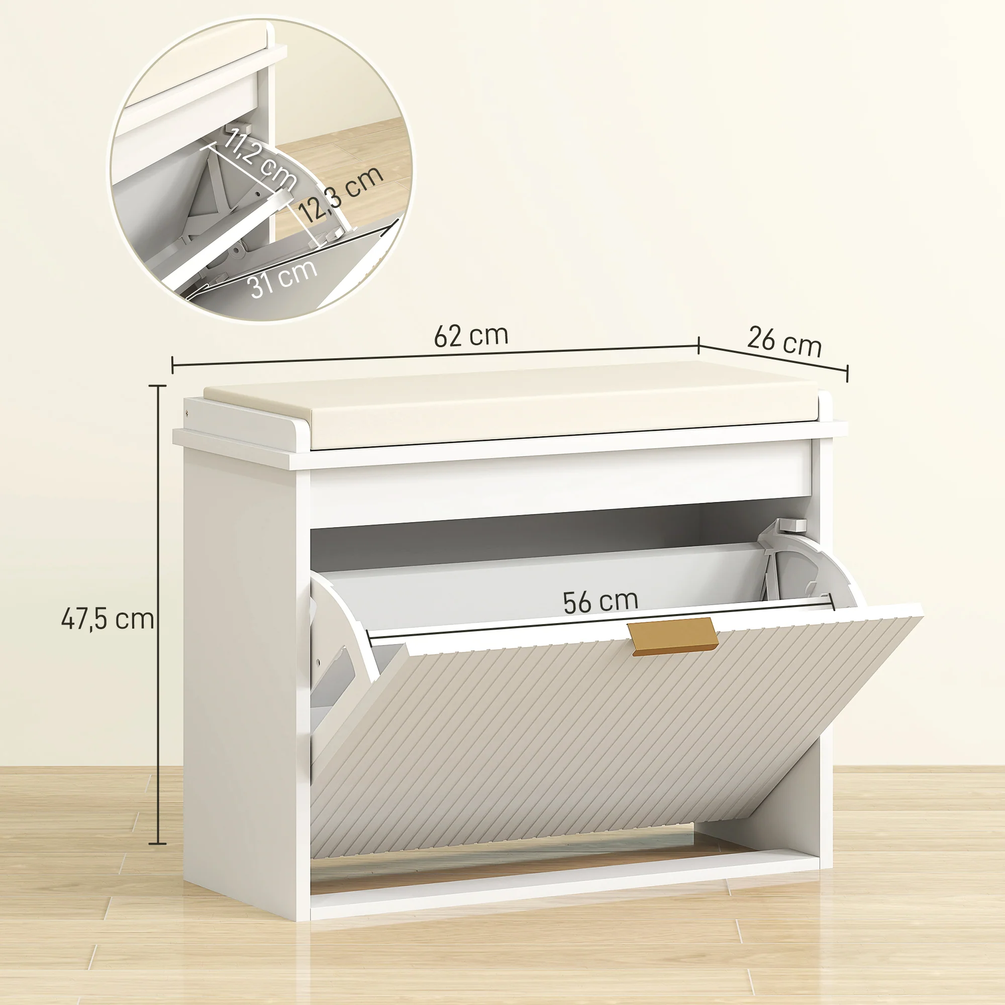 Banc à chaussures meuble à chaussures avec coussin d'assise rembourré et tiroir rabattable, banc d'entrée pour couloir, chambre, charge 120 KG, 62 x 26 x 47,5 cm, blanc - Image 4