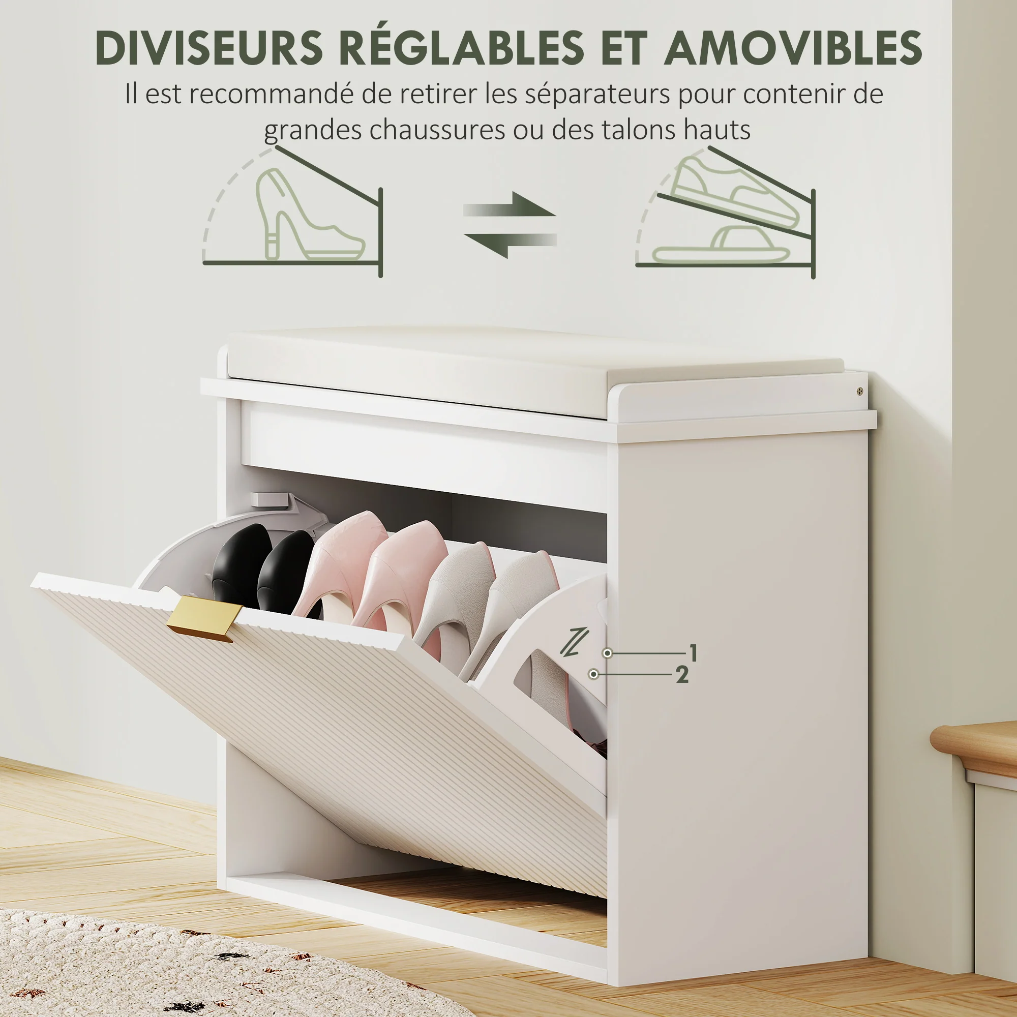 Banc à chaussures meuble à chaussures avec coussin d'assise rembourré et tiroir rabattable, banc d'entrée pour couloir, chambre, charge 120 KG, 62 x 26 x 47,5 cm, blanc - Image 7