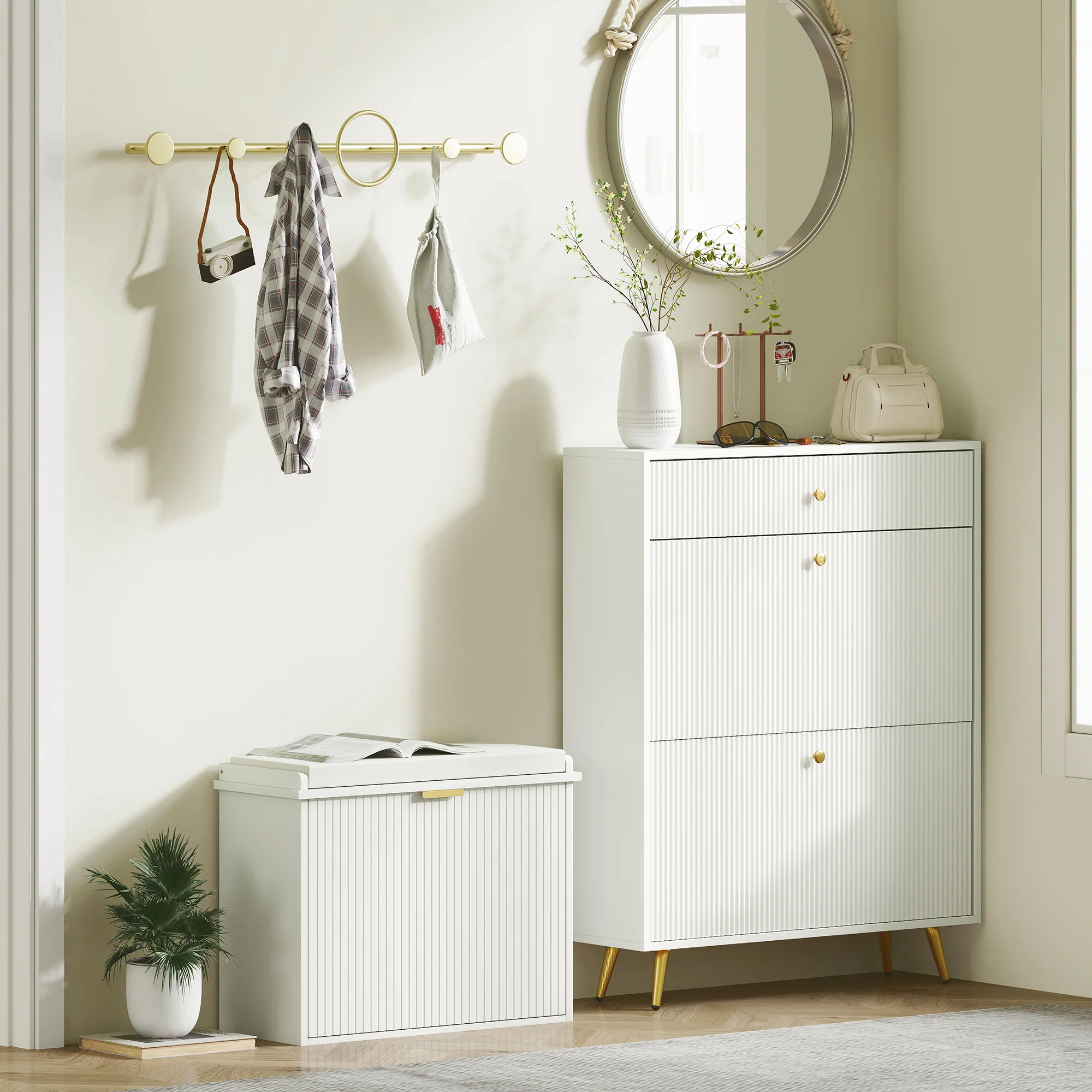 Banc à chaussures meuble à chaussures avec coussin d'assise rembourré et tiroir rabattable, banc d'entrée pour couloir, chambre, charge 120 KG, 62 x 26 x 47,5 cm, blanc - Image 9