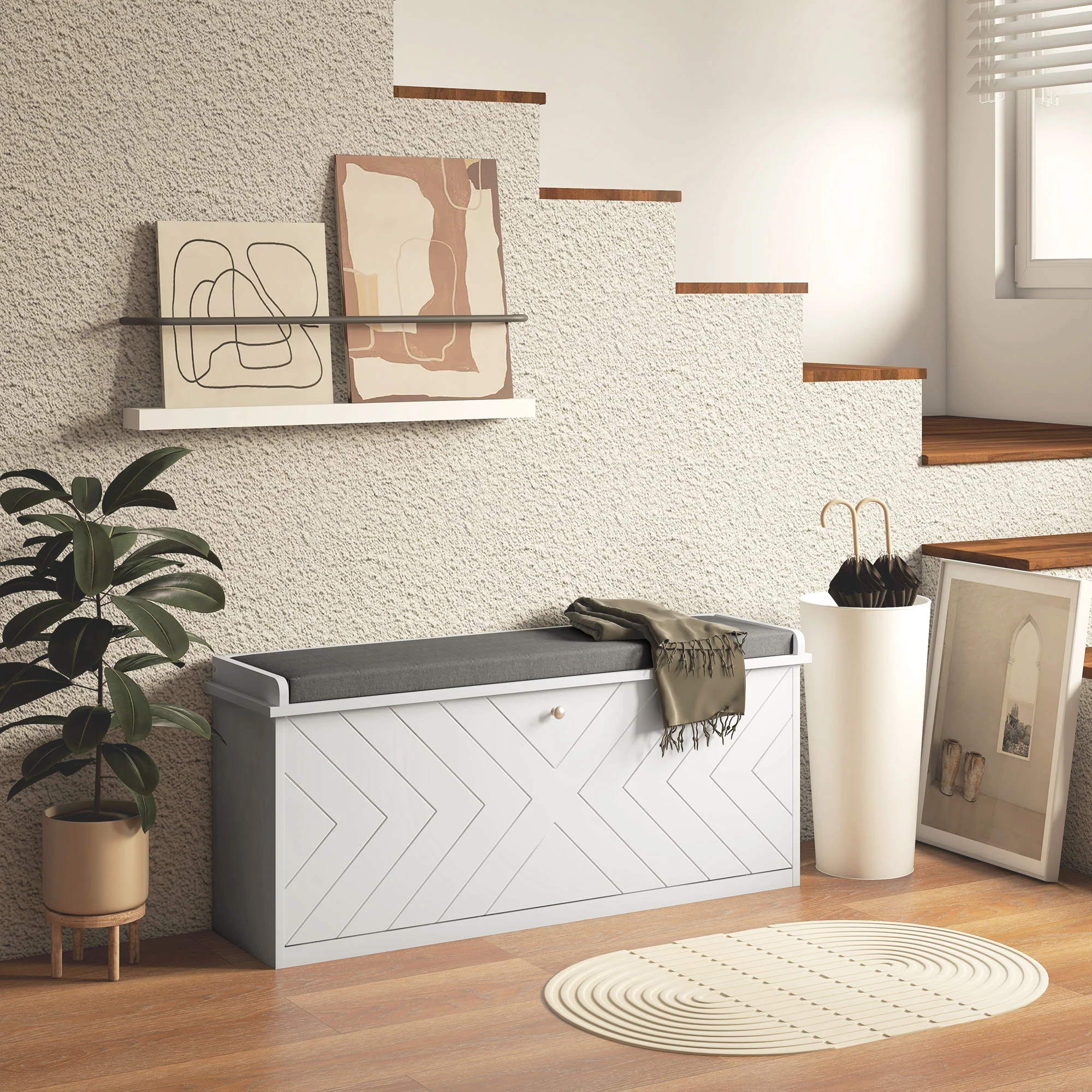 Banc à chaussures meuble à chaussures, meuble d'entrée avec tiroir rabattable, coussin d'assise et étagère réglable, pour couloir, entrée, chambre, 100 x 26 x 48 cm, blanc - Image 3