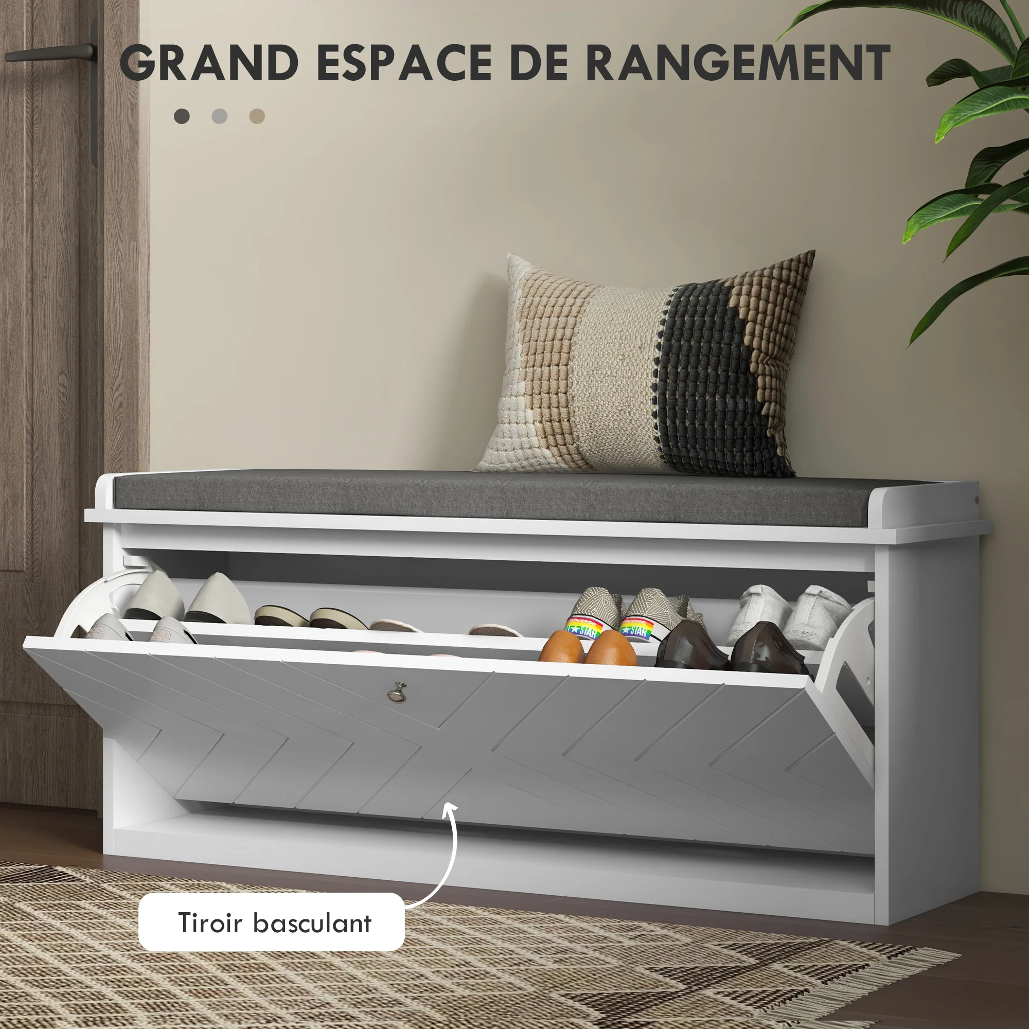 Banc à chaussures meuble à chaussures, meuble d'entrée avec tiroir rabattable, coussin d'assise et étagère réglable, pour couloir, entrée, chambre, 100 x 26 x 48 cm, blanc - Image 5