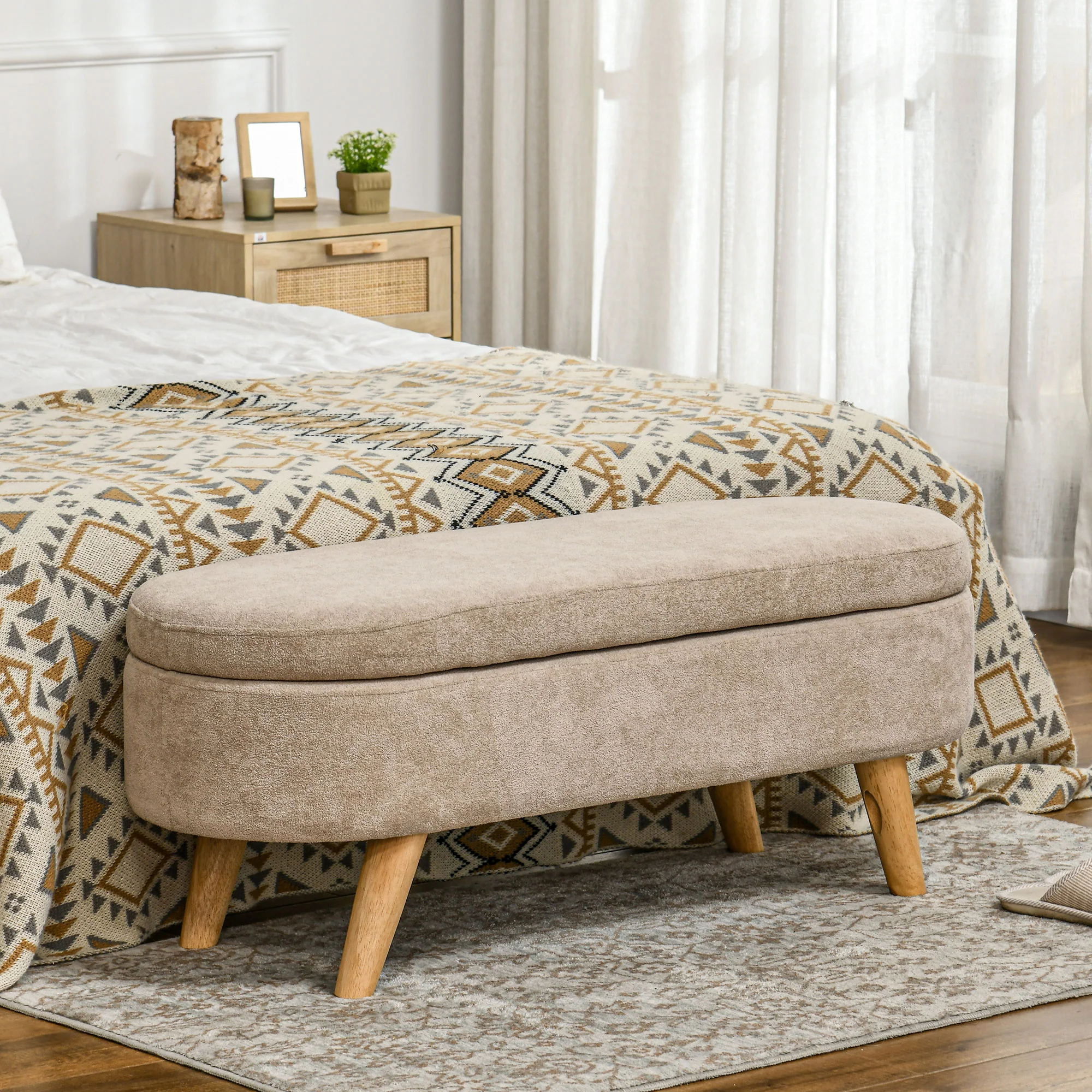 Banc banquette bout de lit coffre de rangement 2 en 1 en tissu avec pieds en bois 110l x 40P x 43H cm cm beige - Image 3