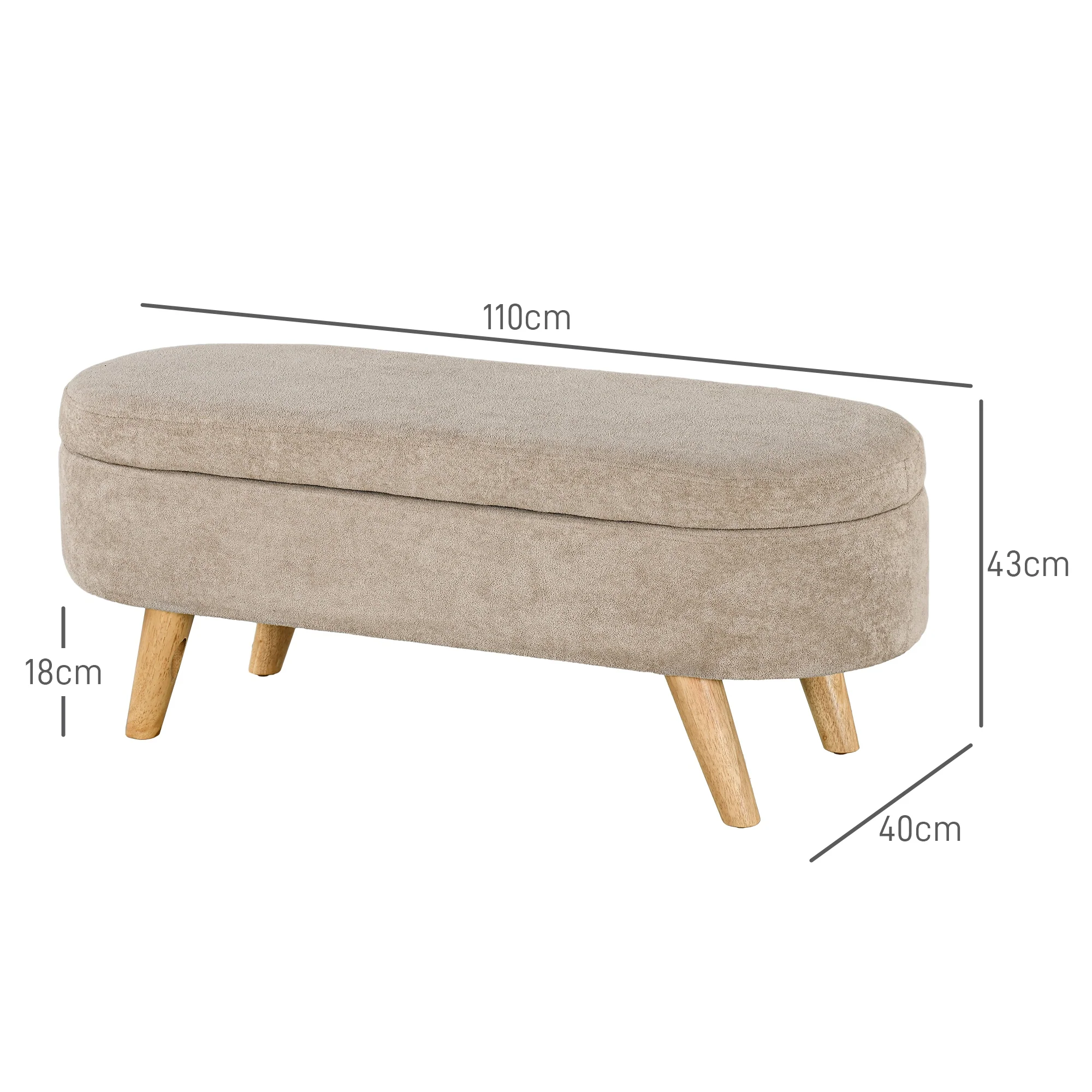 Banc banquette bout de lit coffre de rangement 2 en 1 en tissu avec pieds en bois 110l x 40P x 43H cm cm beige - Image 4