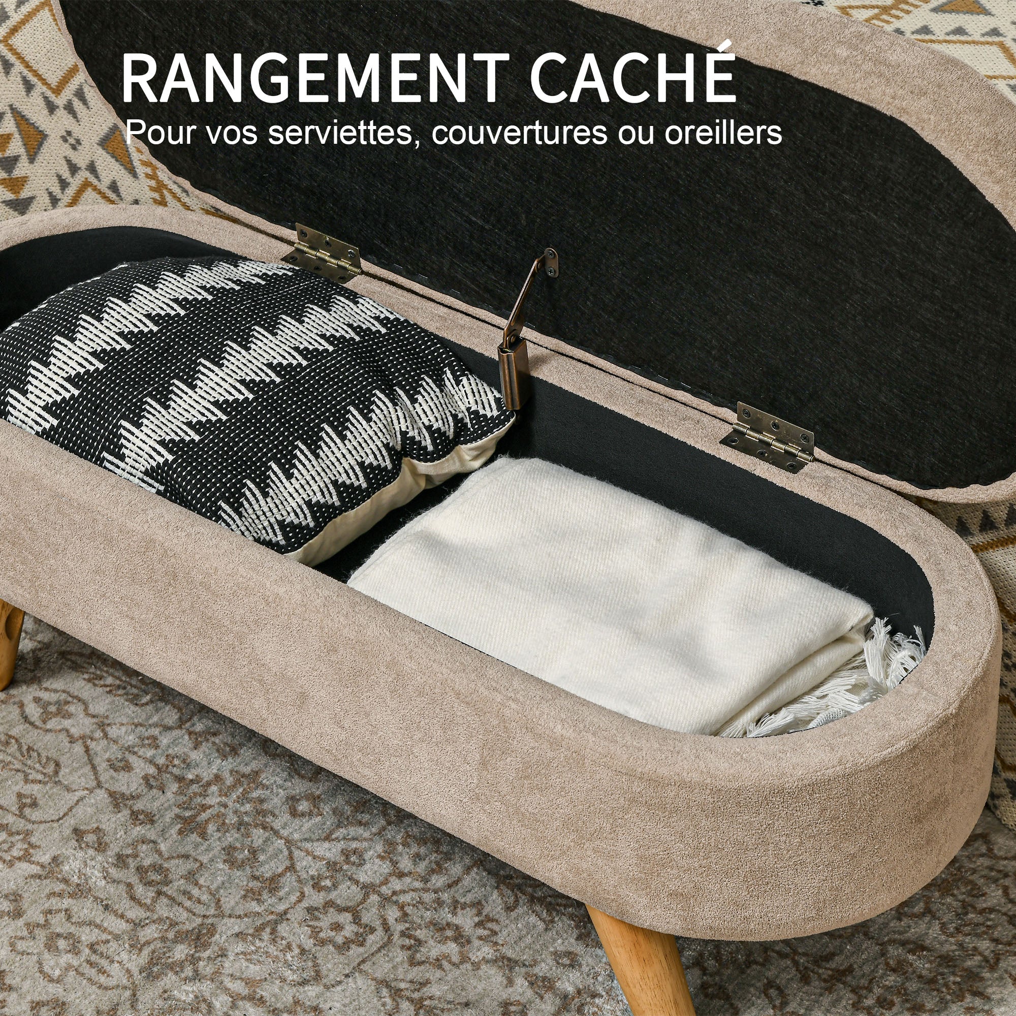 Banc banquette bout de lit coffre de rangement 2 en 1 en tissu avec pieds en bois 110l x 40P x 43H cm cm beige - Image 5