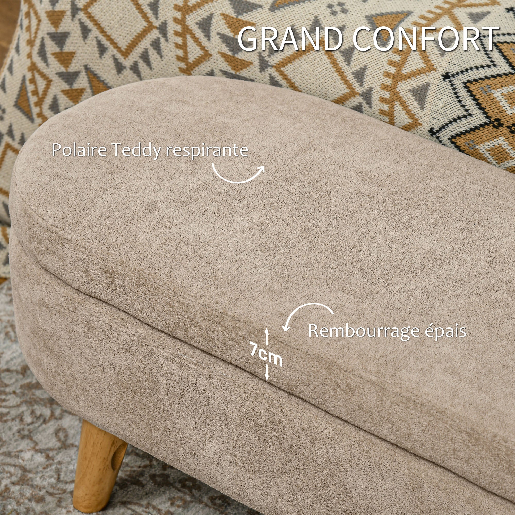Banc banquette bout de lit coffre de rangement 2 en 1 en tissu avec pieds en bois 110l x 40P x 43H cm cm beige - Image 6