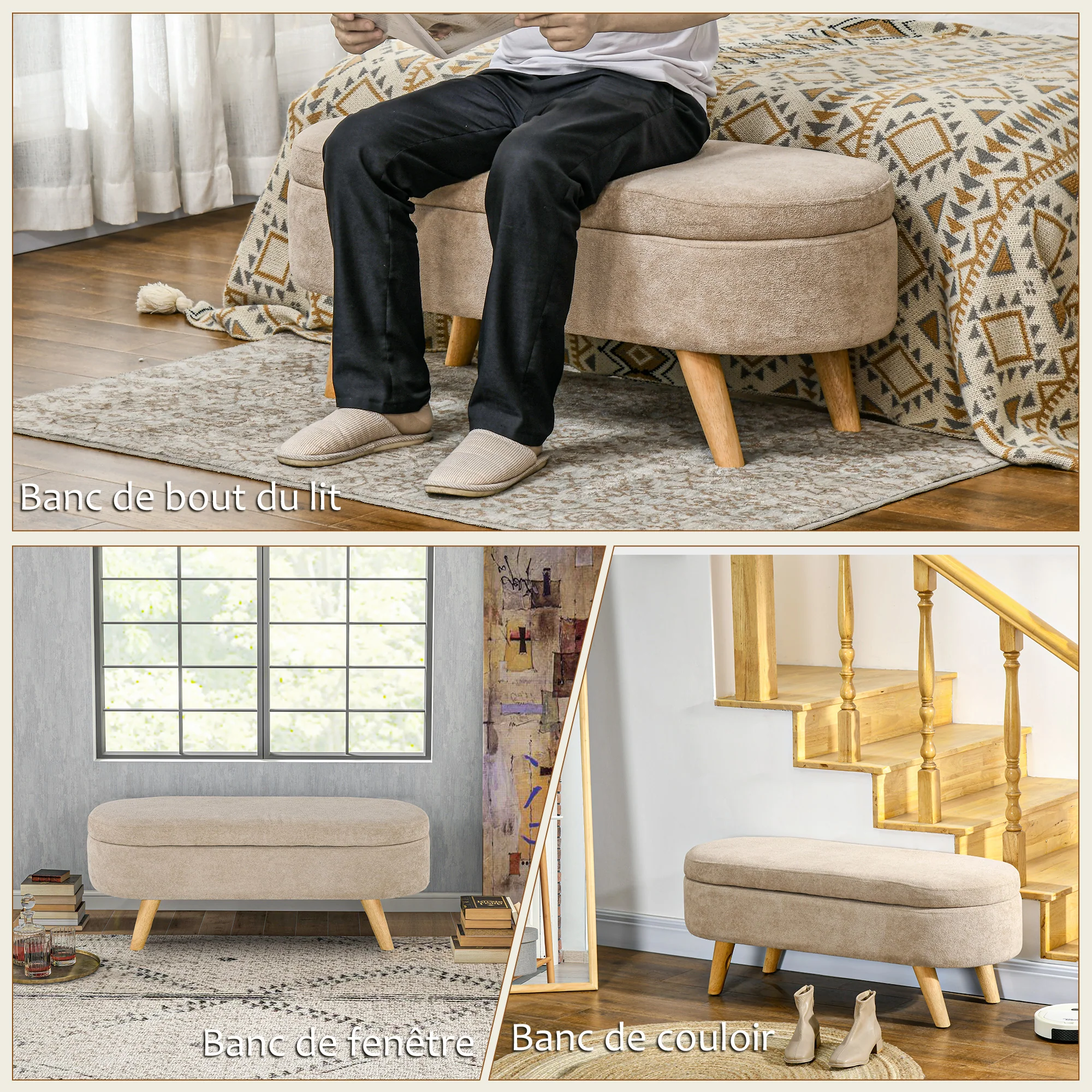 Banc banquette bout de lit coffre de rangement 2 en 1 en tissu avec pieds en bois 110l x 40P x 43H cm cm beige - Image 7