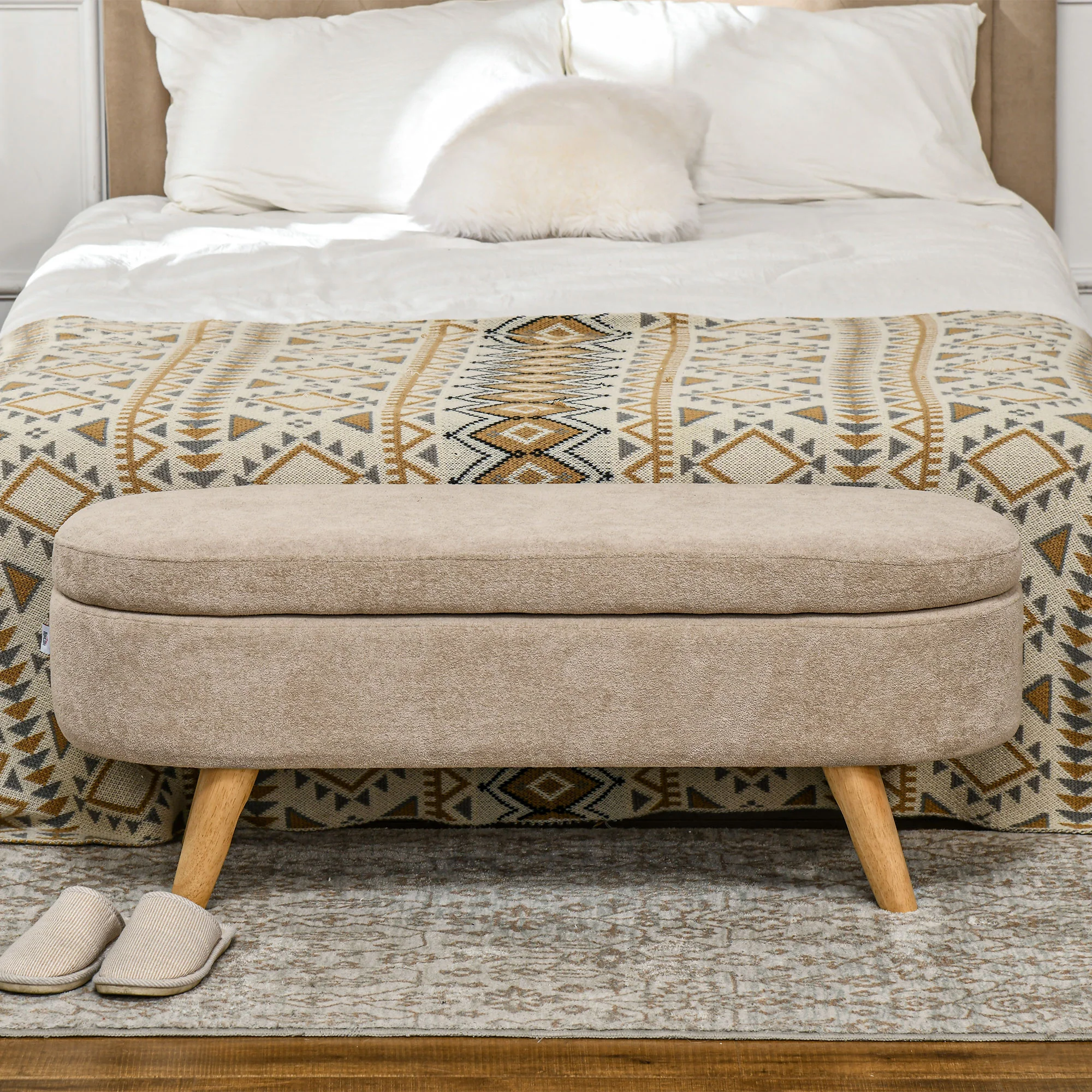 Banc banquette bout de lit coffre de rangement 2 en 1 en tissu avec pieds en bois 110l x 40P x 43H cm cm beige - Image 8
