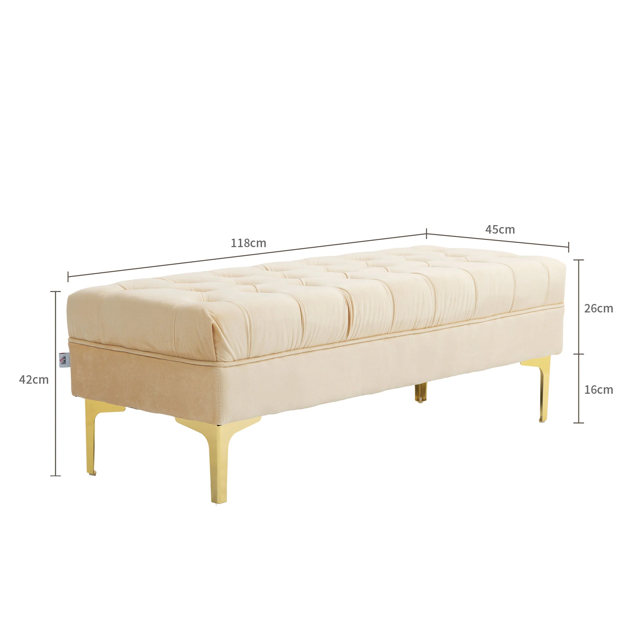 Banc banquette capitonnée bout de lit style classique chic dim. 118L x 45l x 42H cm piètement métal doré velours beige - Image 4