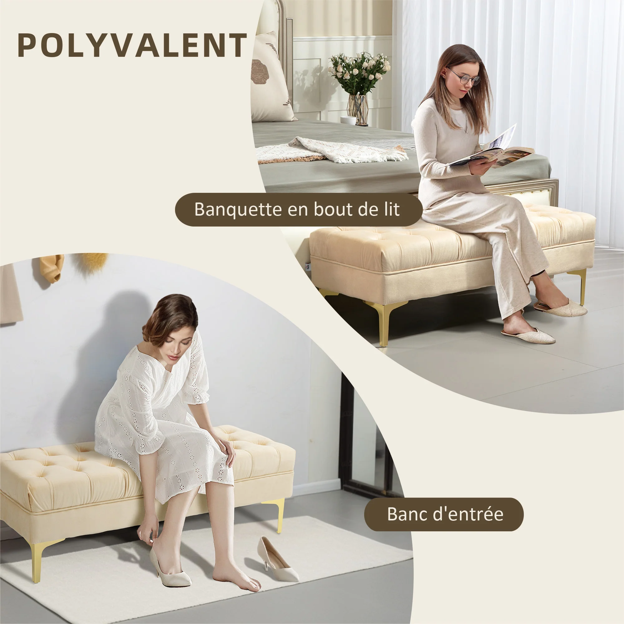 Banc banquette capitonnée bout de lit style classique chic dim. 118L x 45l x 42H cm piètement métal doré velours beige - Image 5