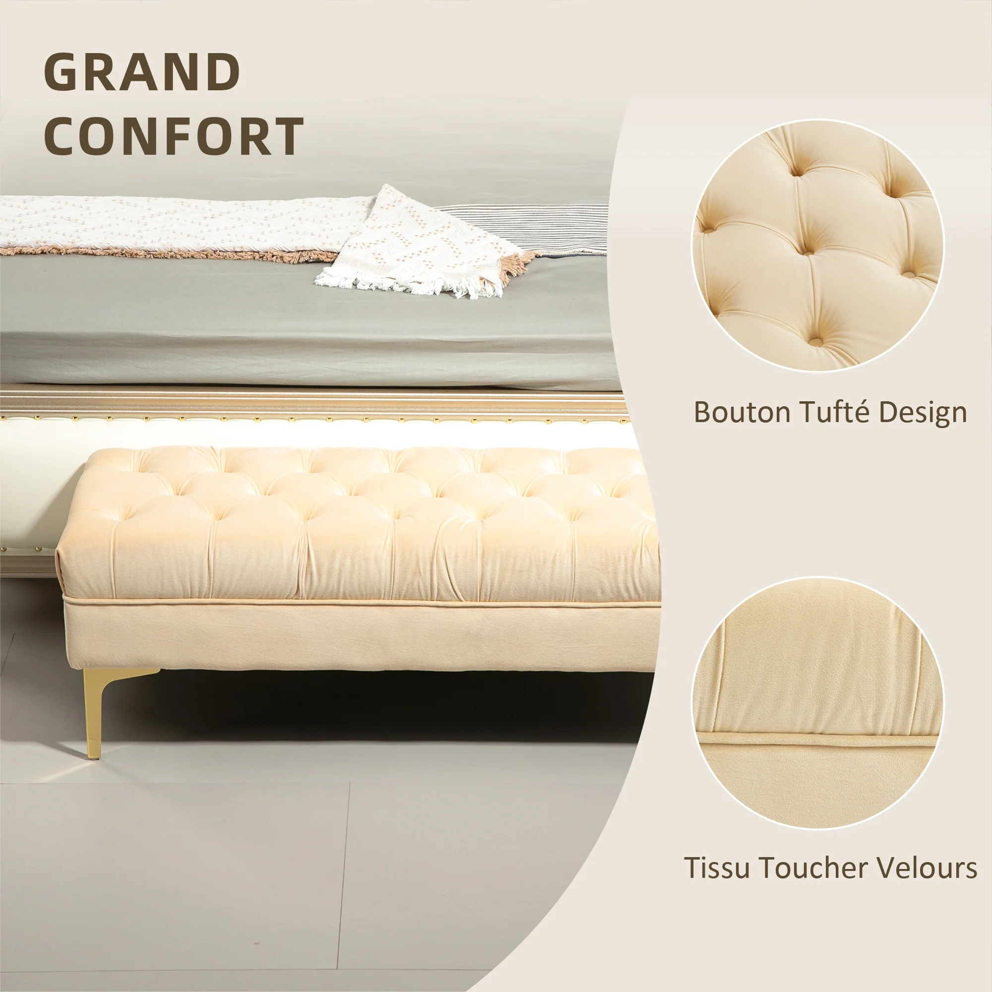 Banc banquette capitonnée bout de lit style classique chic dim. 118L x 45l x 42H cm piètement métal doré velours beige - Image 6