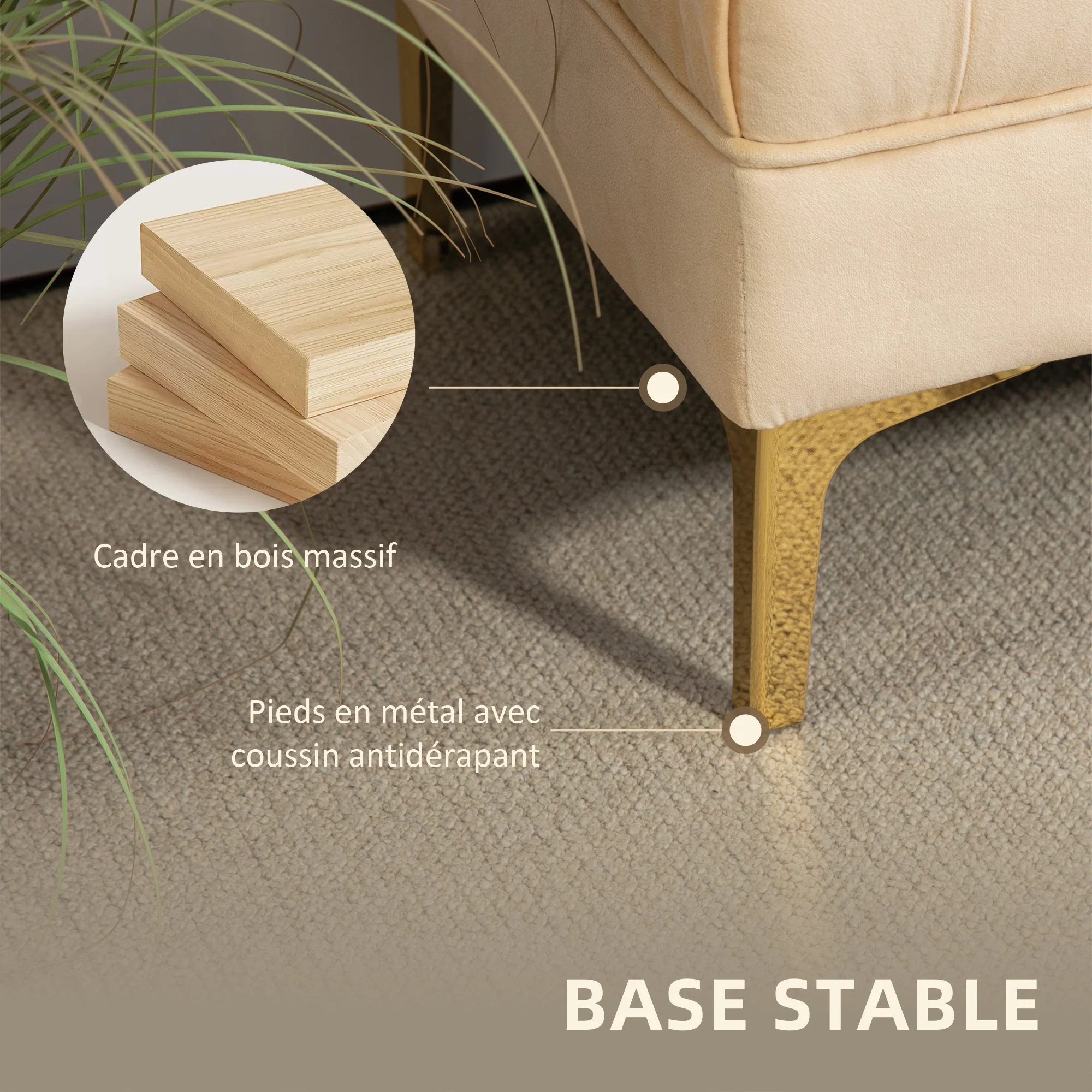 Banc banquette capitonnée bout de lit style classique chic dim. 118L x 45l x 42H cm piètement métal doré velours beige - Image 7