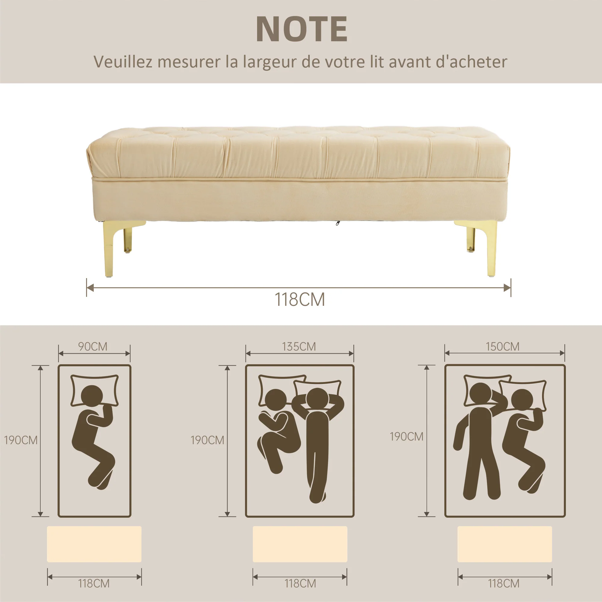 Banc banquette capitonnée bout de lit style classique chic dim. 118L x 45l x 42H cm piètement métal doré velours beige - Image 8