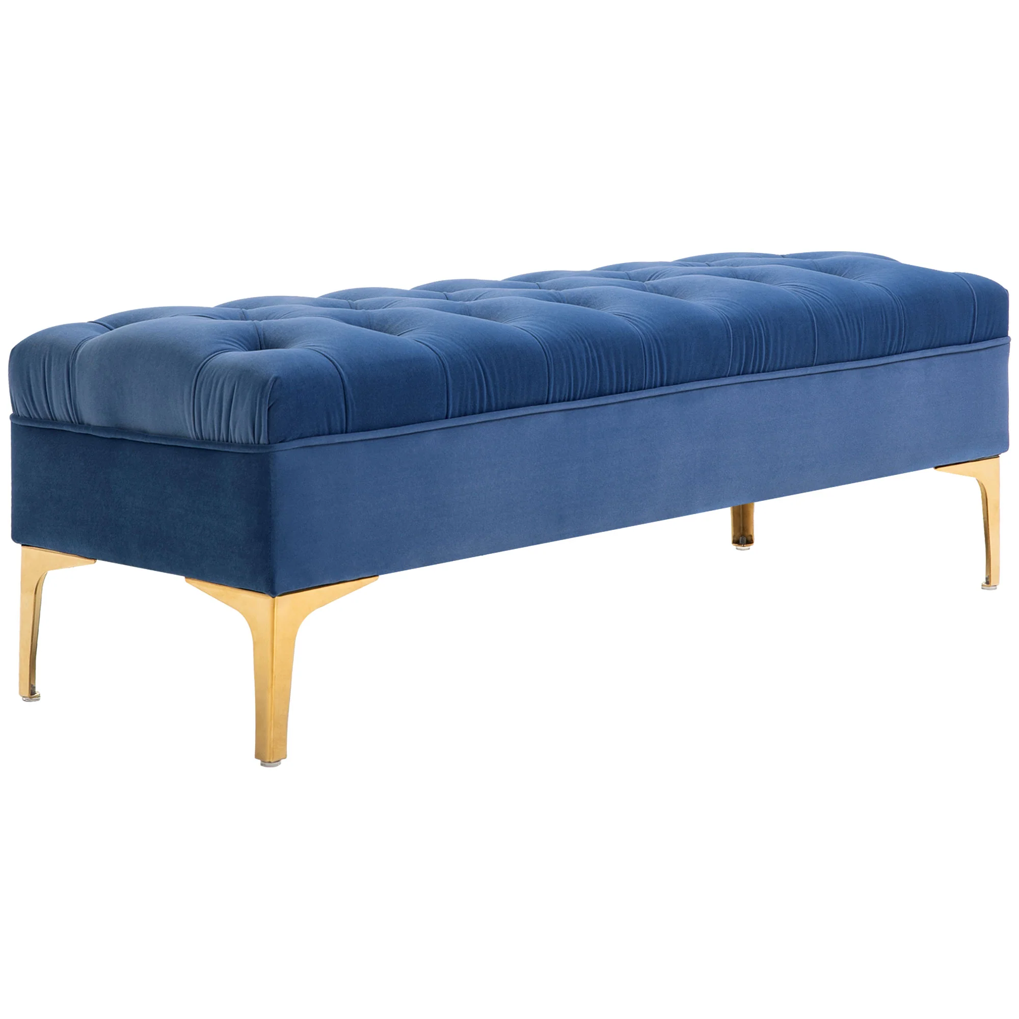Banc banquette capitonnée bout de lit style classique chic dim. 118L x 45l x 42H cm piètement métal doré velours bleu - Image 2