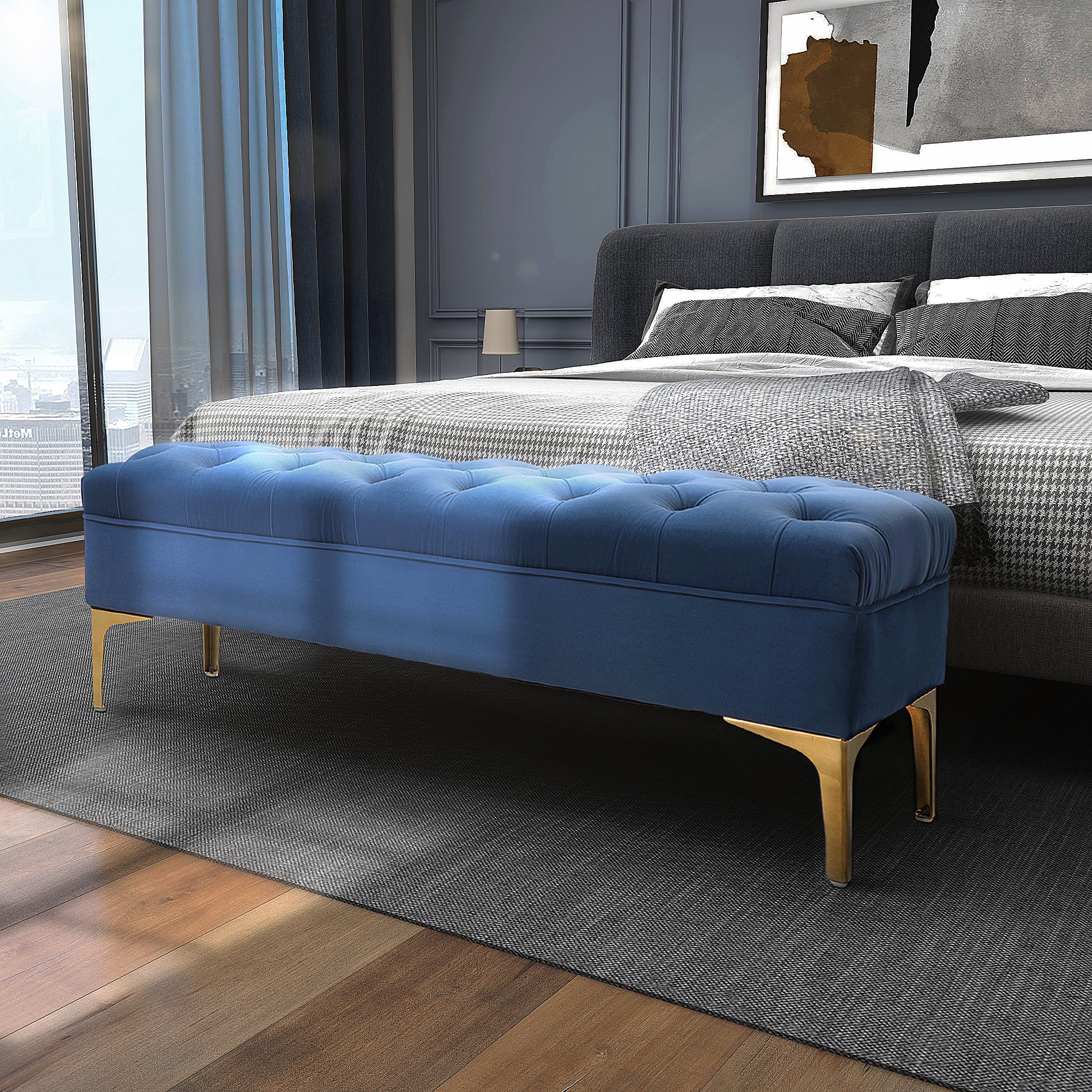 Banc banquette capitonnée bout de lit style classique chic dim. 118L x 45l x 42H cm piètement métal doré velours bleu - Image 3