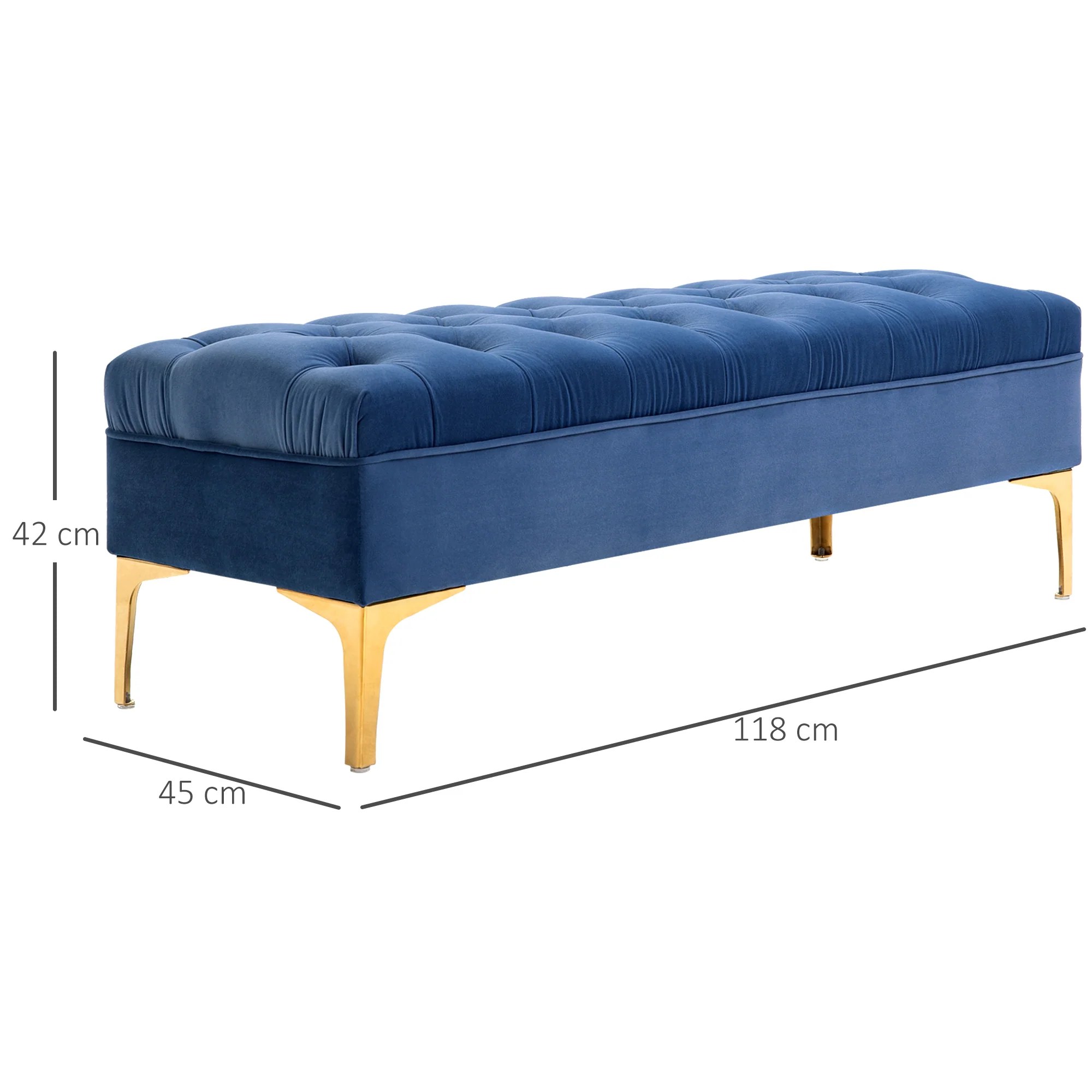 Banc banquette capitonnée bout de lit style classique chic dim. 118L x 45l x 42H cm piètement métal doré velours bleu - Image 4