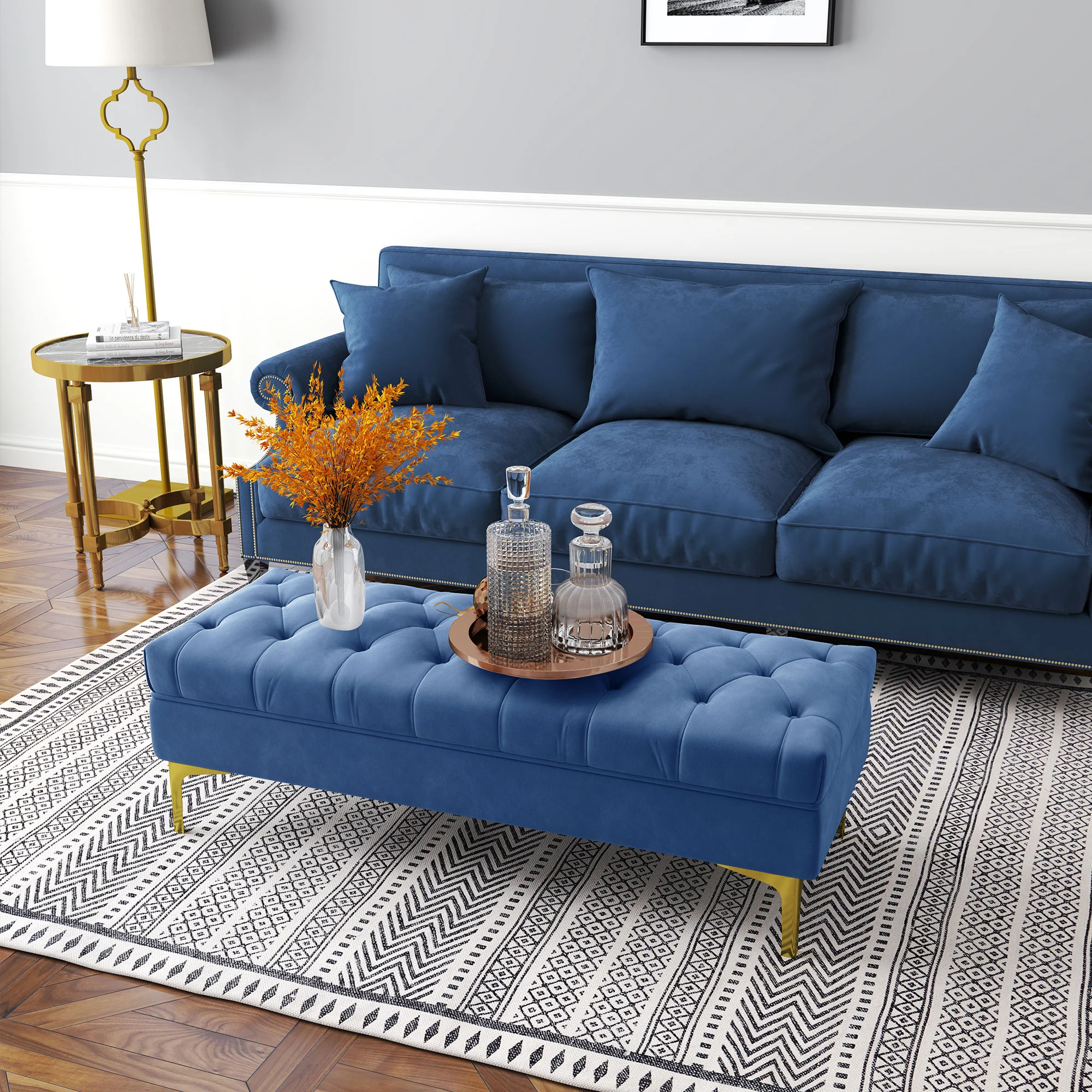 Banc banquette capitonnée bout de lit style classique chic dim. 118L x 45l x 42H cm piètement métal doré velours bleu - Image 8