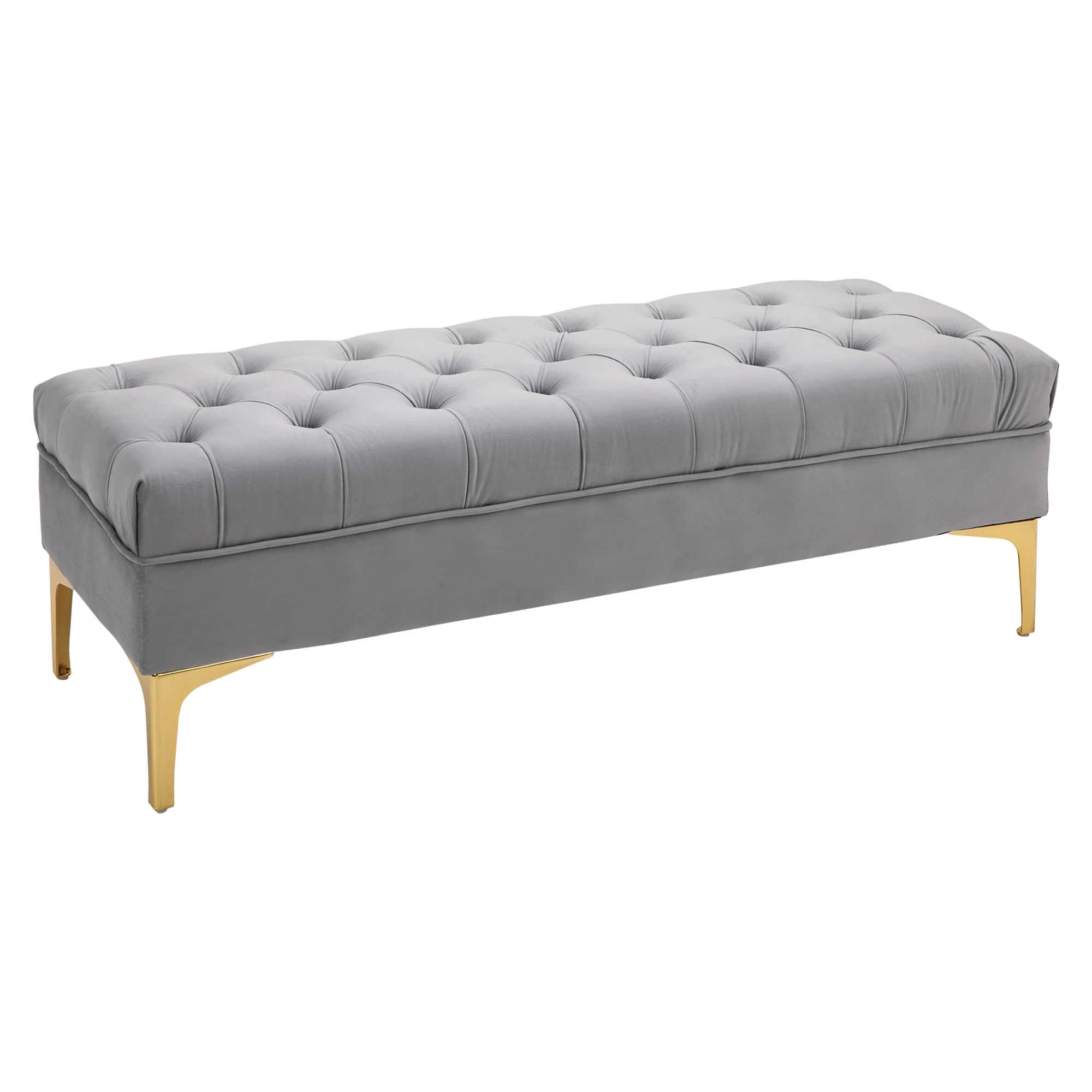 Banc banquette capitonnée bout de lit style classique chic dim. 118L x 45l x 42H cm piètement métal doré velours gris clair - Image 2