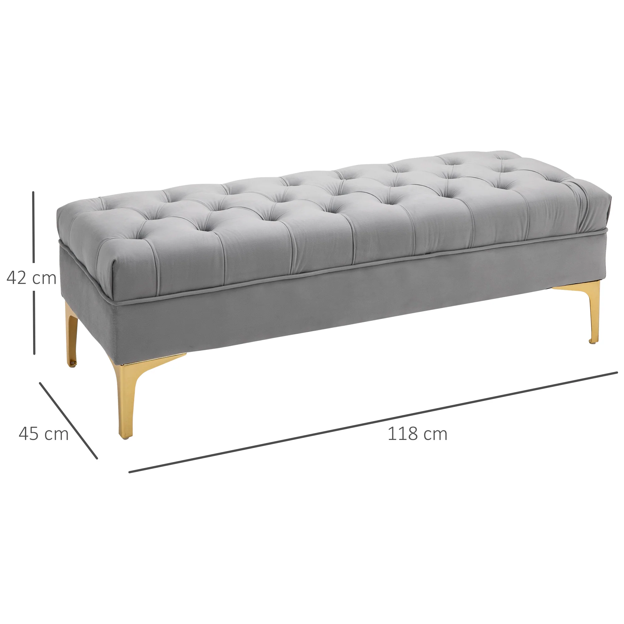 Banc banquette capitonnée bout de lit style classique chic dim. 118L x 45l x 42H cm piètement métal doré velours gris clair - Image 4