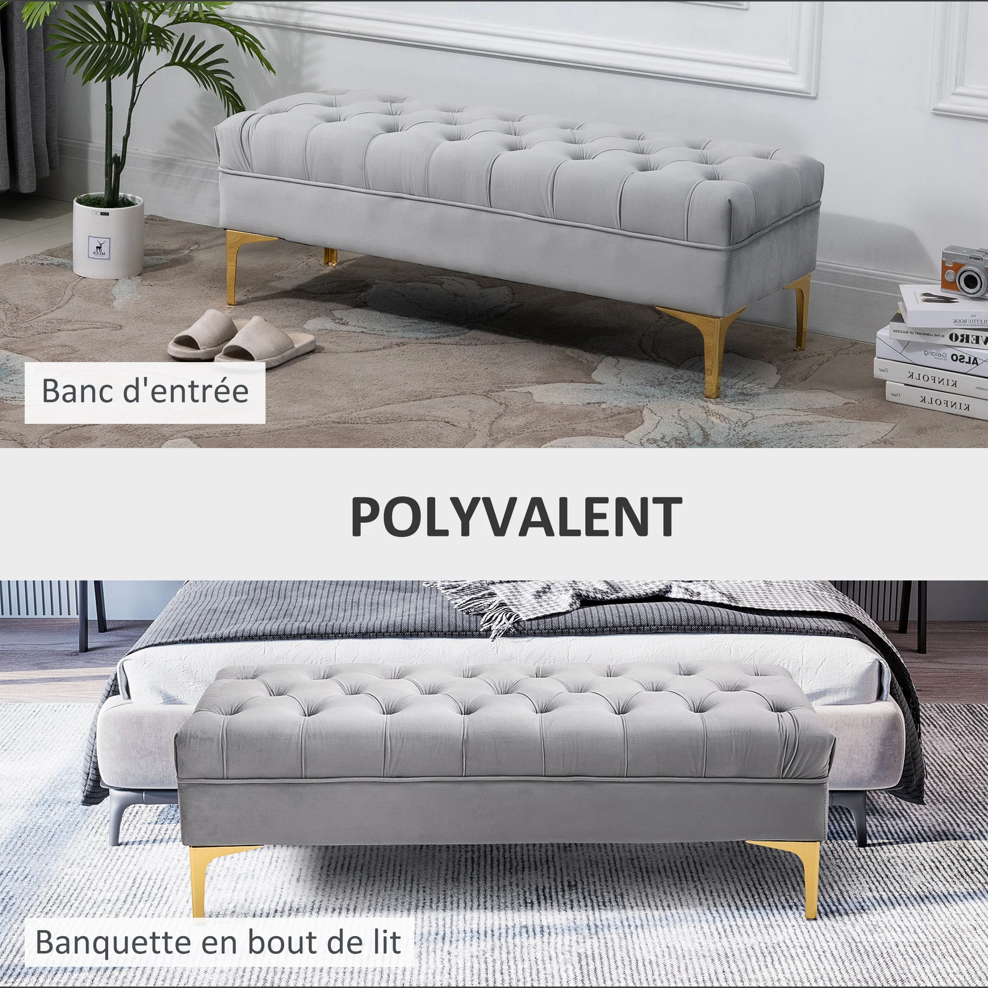 Banc banquette capitonnée bout de lit style classique chic dim. 118L x 45l x 42H cm piètement métal doré velours gris clair - Image 5
