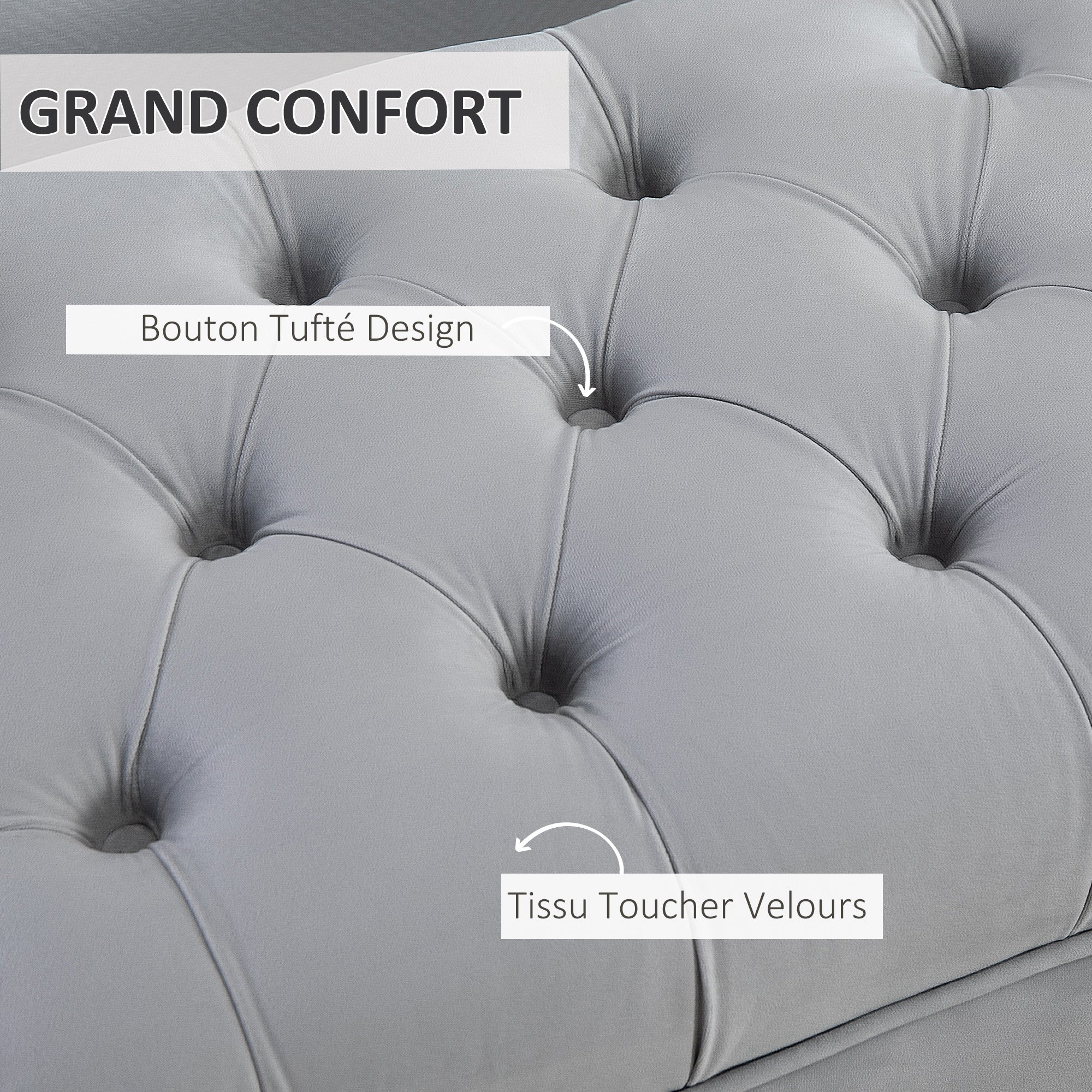 Banc banquette capitonnée bout de lit style classique chic dim. 118L x 45l x 42H cm piètement métal doré velours gris clair - Image 6