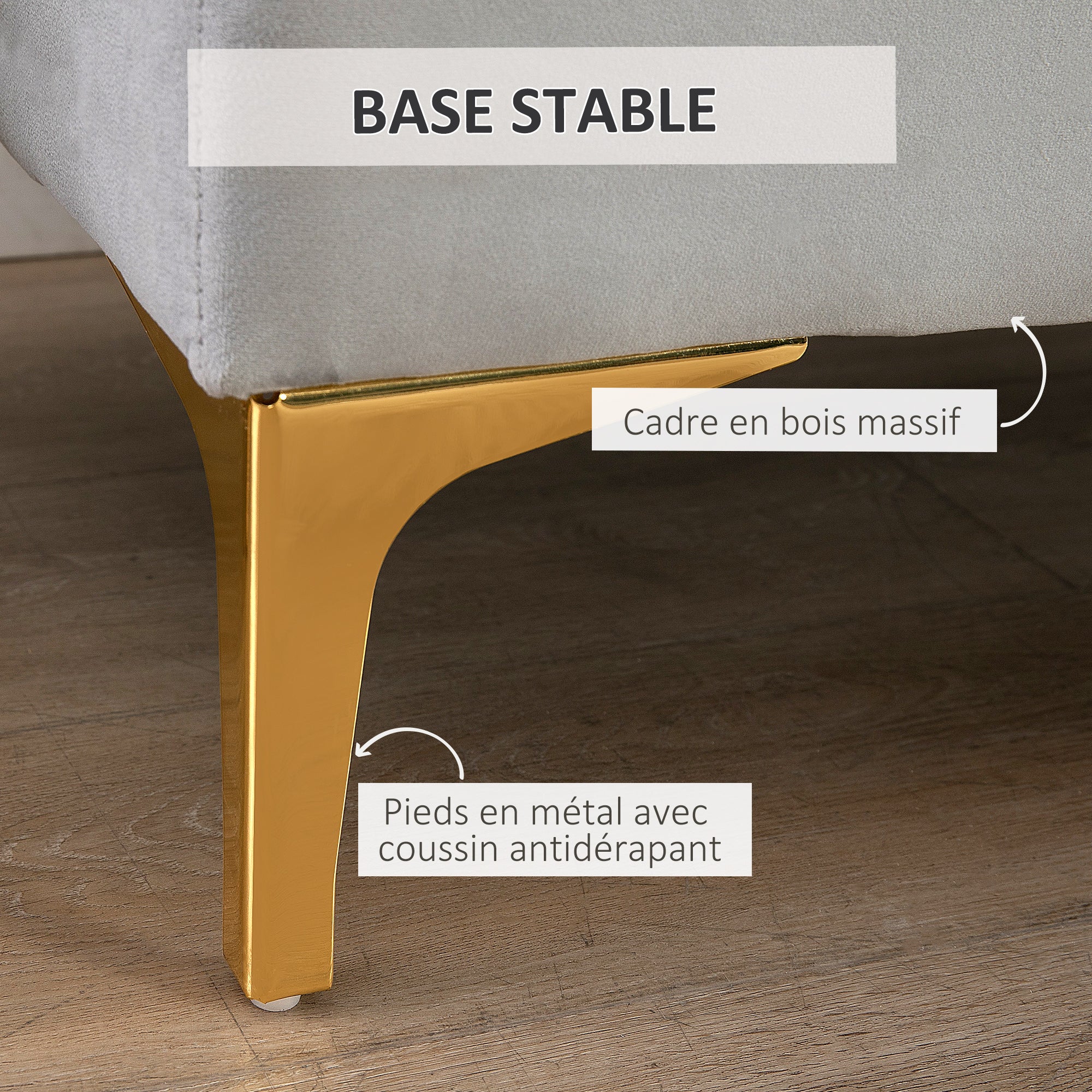 Banc banquette capitonnée bout de lit style classique chic dim. 118L x 45l x 42H cm piètement métal doré velours gris clair - Image 7