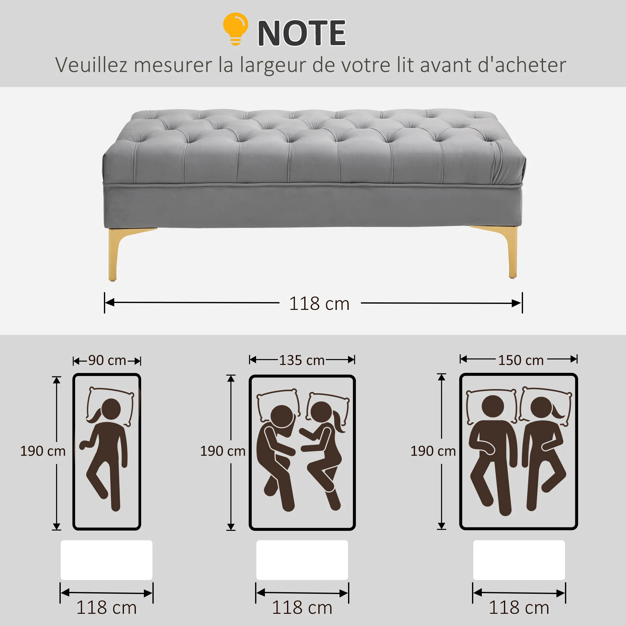 Banc banquette capitonnée bout de lit style classique chic dim. 118L x 45l x 42H cm piètement métal doré velours gris clair - Image 8