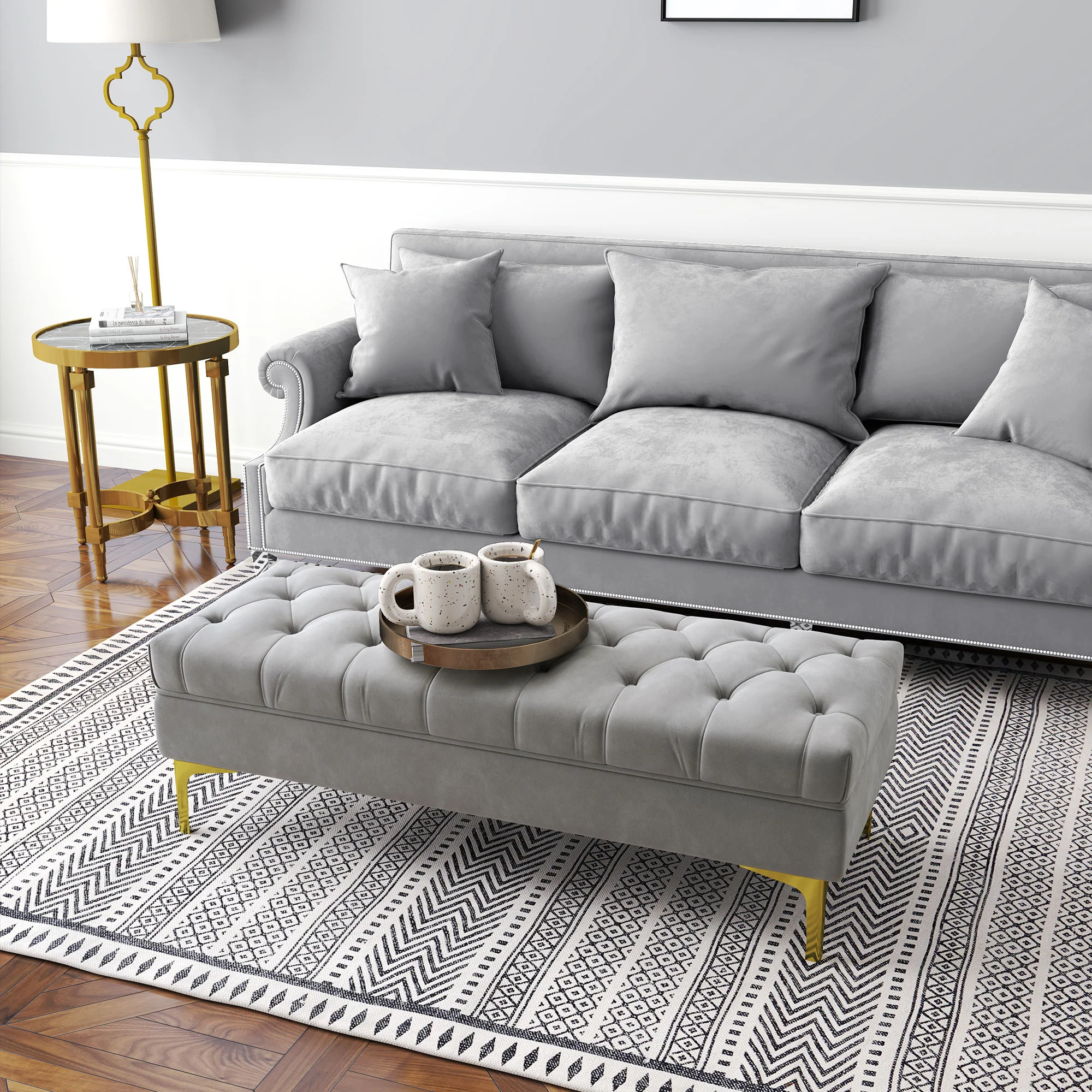 Banc banquette capitonnée bout de lit style classique chic dim. 118L x 45l x 42H cm piètement métal doré velours gris clair - Image 9
