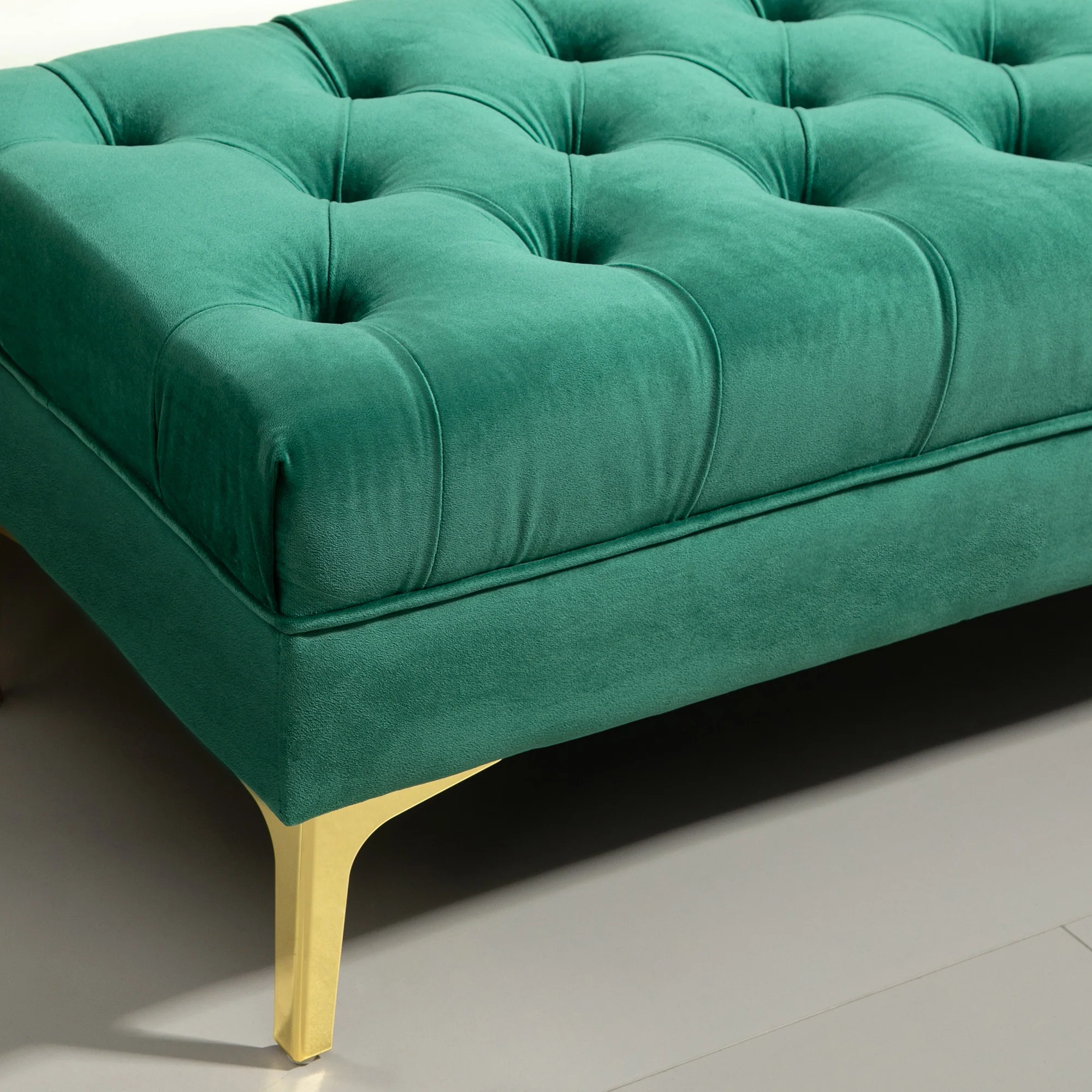 Banc banquette capitonnée bout de lit style classique chic dim. 118L x 45l x 42H cm piètement métal doré velours vert - Image 10