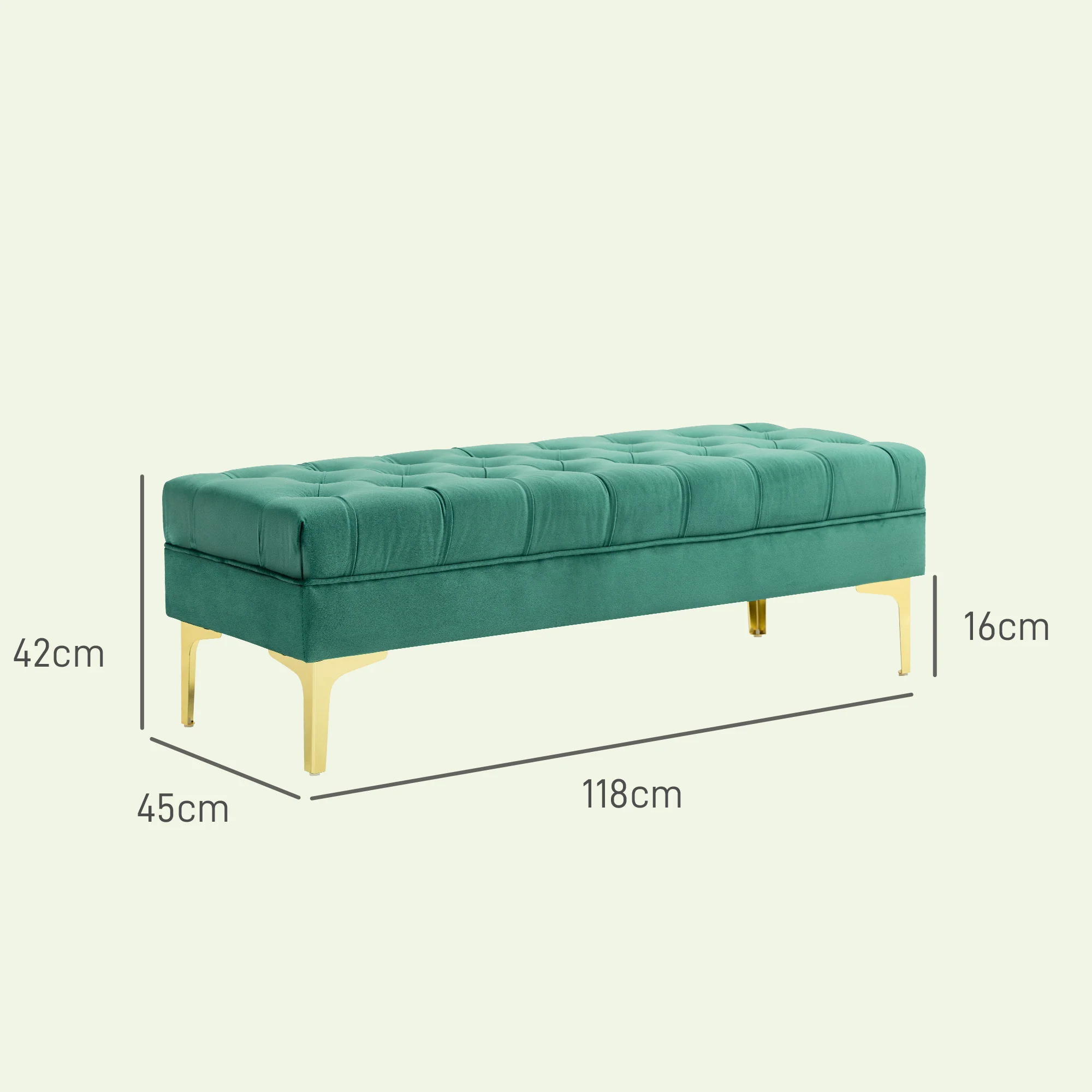 Banc banquette capitonnée bout de lit style classique chic dim. 118L x 45l x 42H cm piètement métal doré velours vert - Image 4