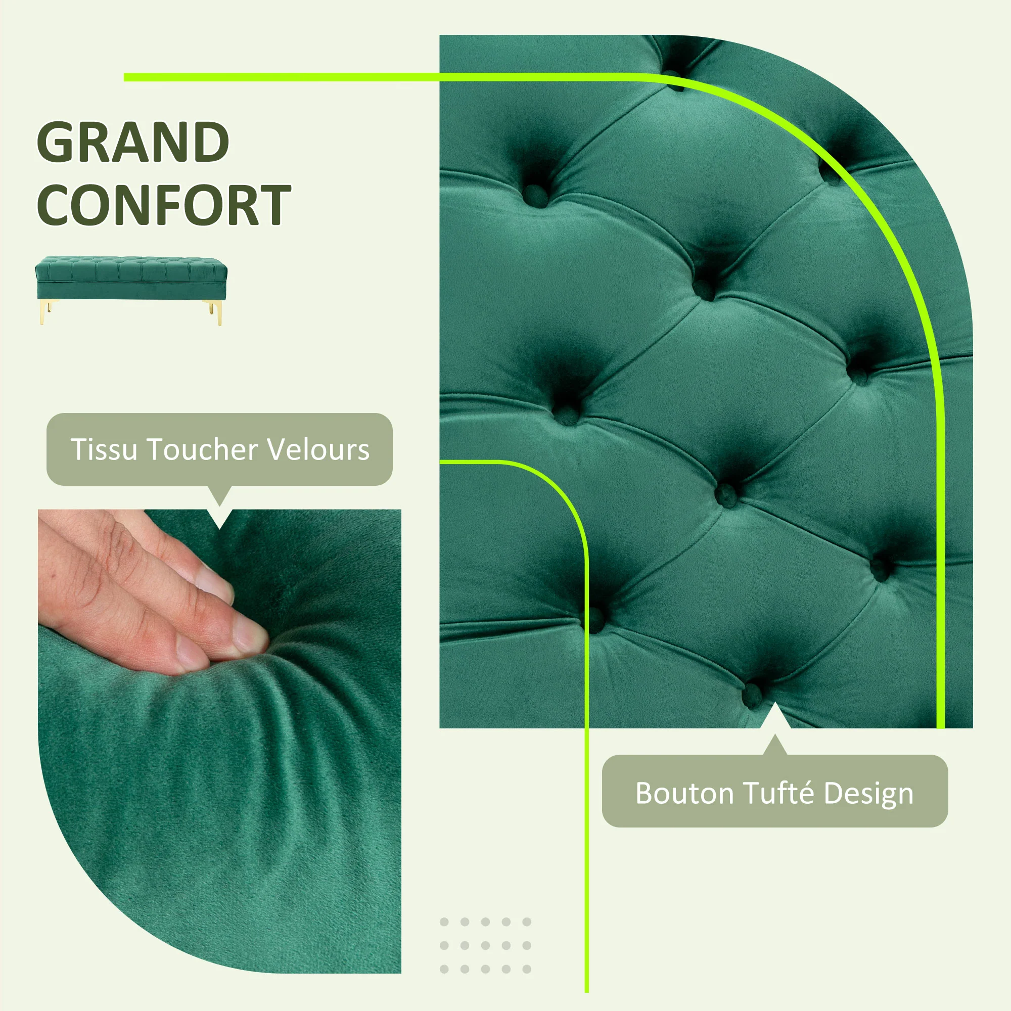 Banc banquette capitonnée bout de lit style classique chic dim. 118L x 45l x 42H cm piètement métal doré velours vert - Image 6