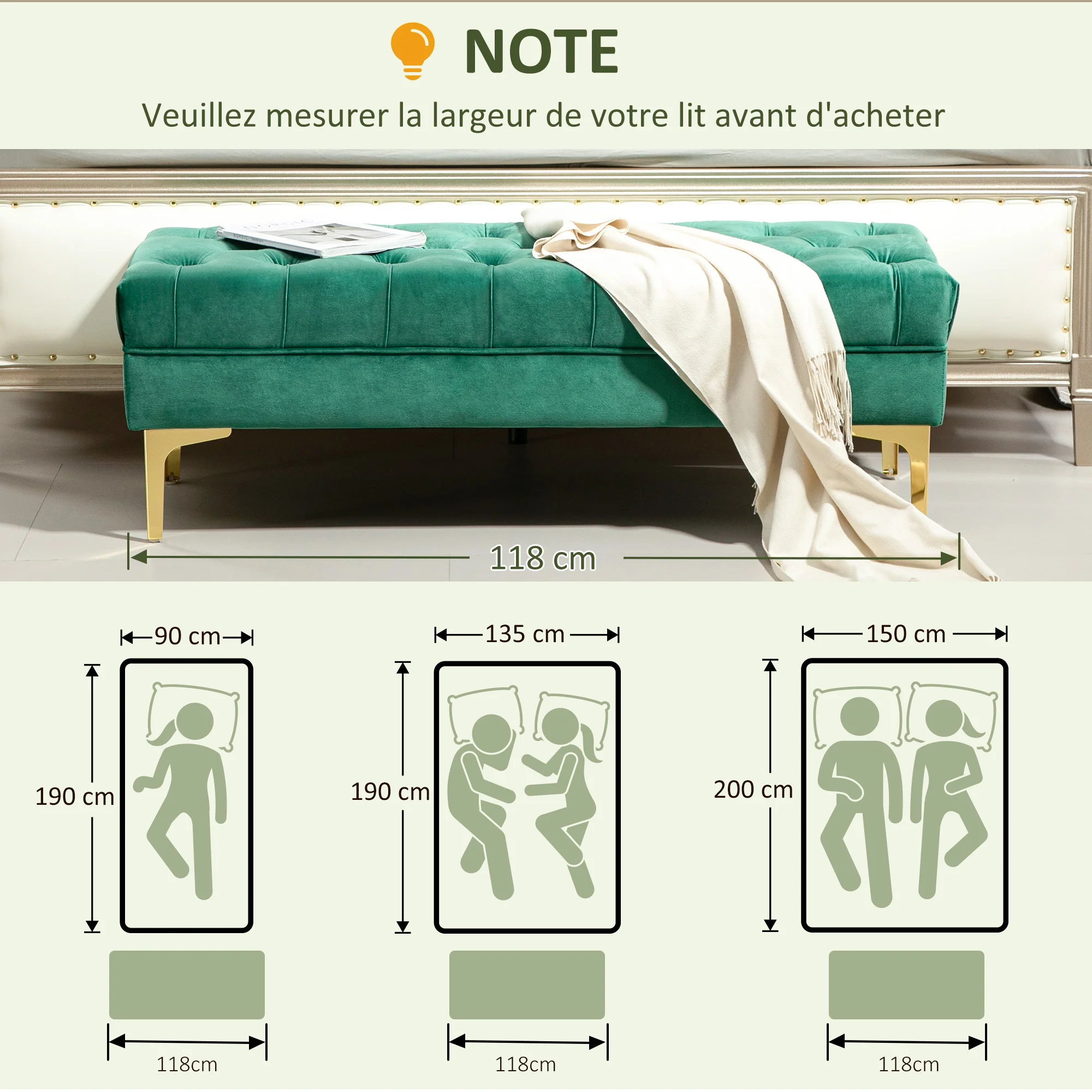 Banc banquette capitonnée bout de lit style classique chic dim. 118L x 45l x 42H cm piètement métal doré velours vert - Image 8