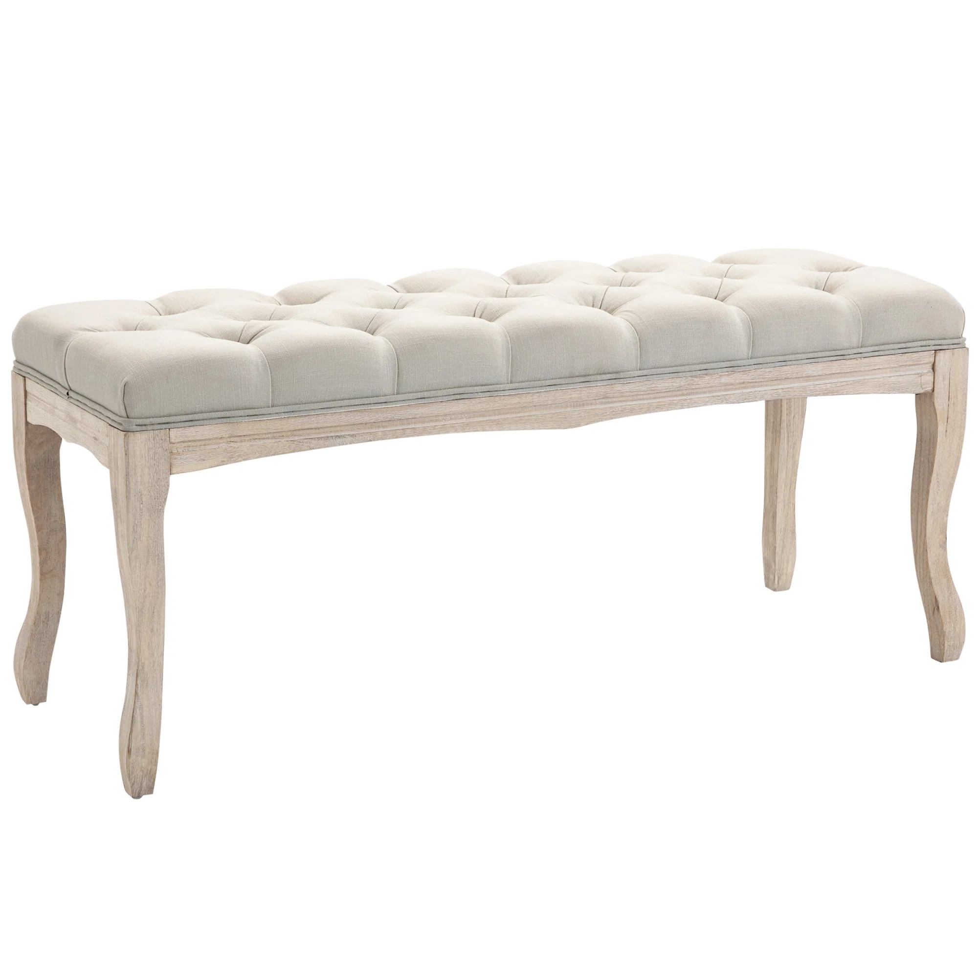 Banc Banquette capitonnée Style Classique 110 cm Bout de lit Rembourrée en lin piètement Bois hévéa sculpté Lin Beige - Image 2