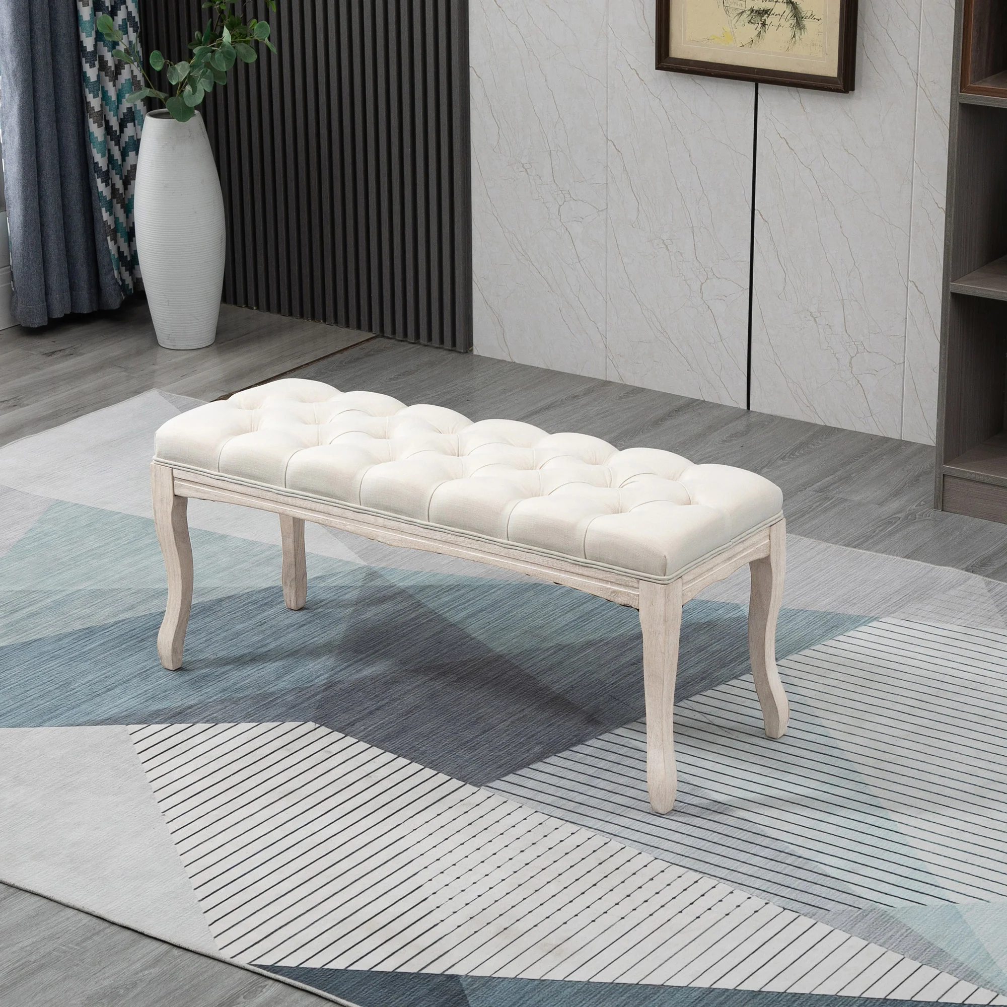 Banc Banquette capitonnée Style Classique 110 cm Bout de lit Rembourrée en lin piètement Bois hévéa sculpté Lin Beige - Image 3