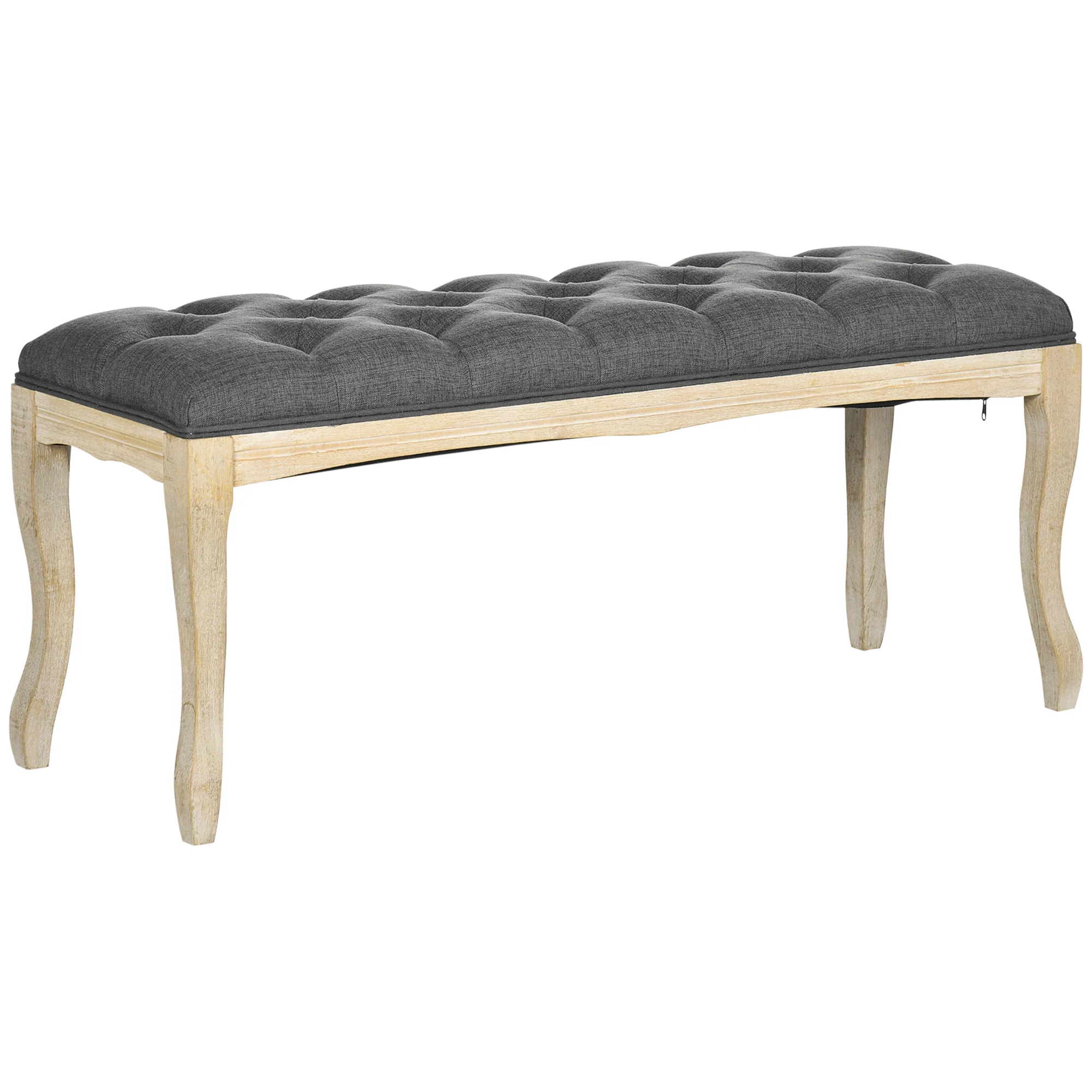 Banc Banquette capitonnée Style Classique 110 cm Bout de lit Rembourrée en lin piètement Bois hévéa sculpté Lin Gris
