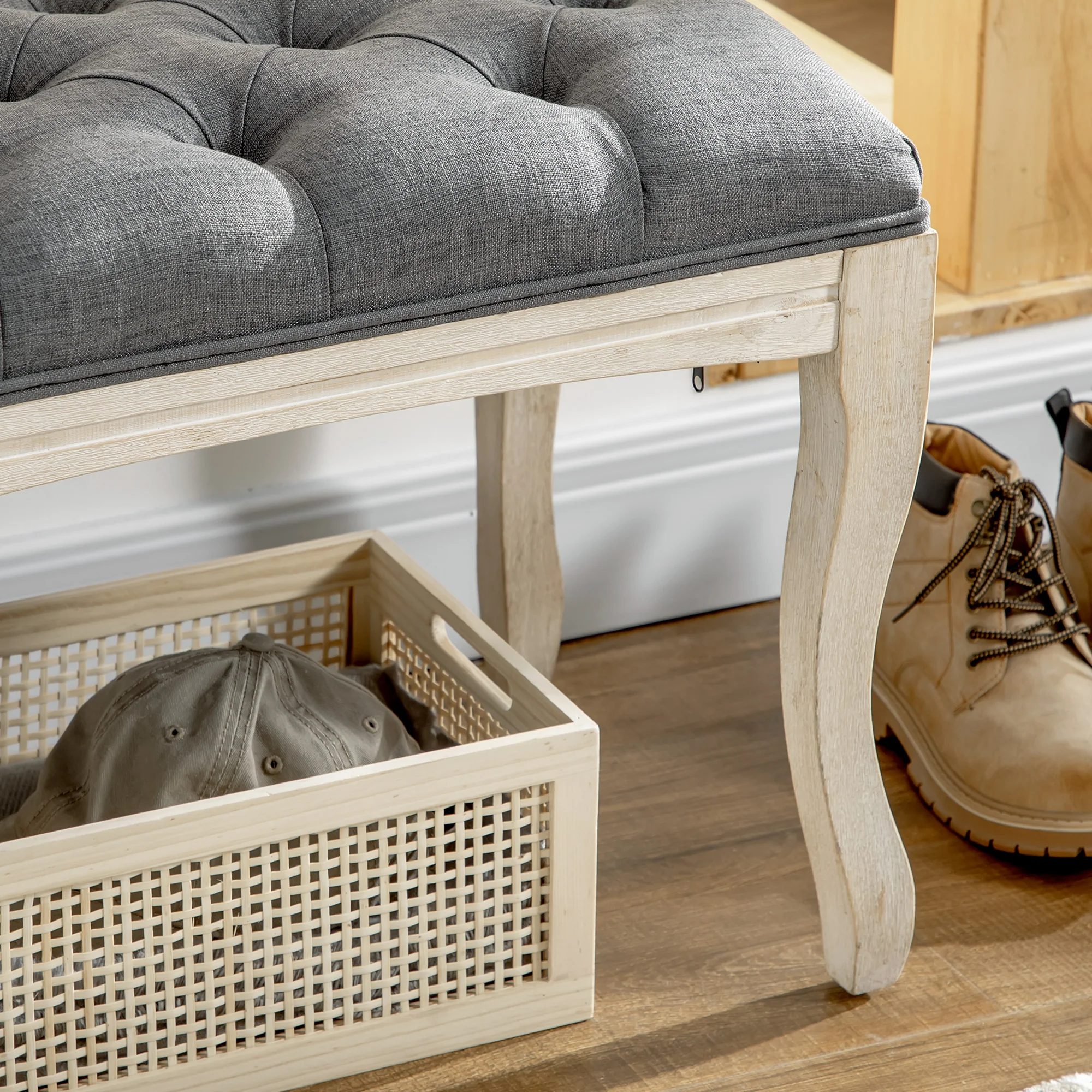 Banc Banquette capitonnée Style Classique 110 cm Bout de lit Rembourrée en lin piètement Bois hévéa sculpté Lin Gris - Image 10