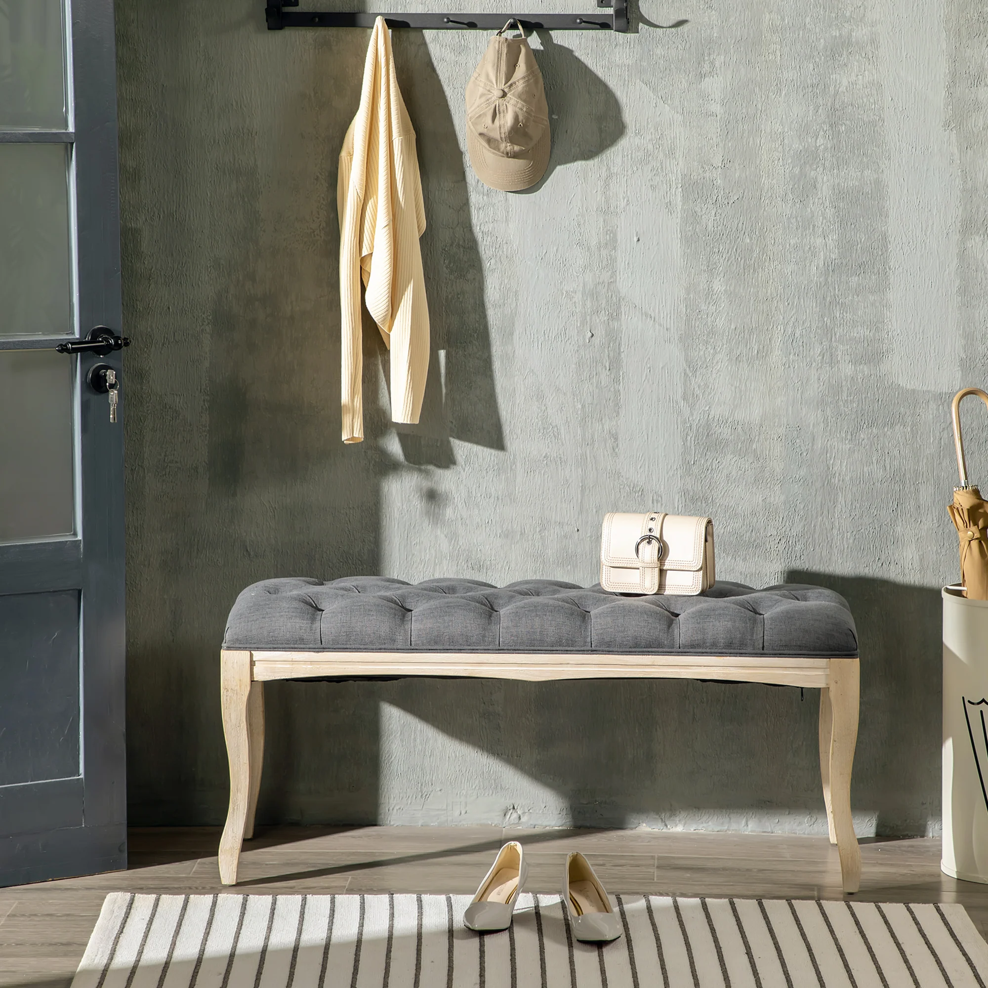 Banc Banquette capitonnée Style Classique 110 cm Bout de lit Rembourrée en lin piètement Bois hévéa sculpté Lin Gris - Image 11