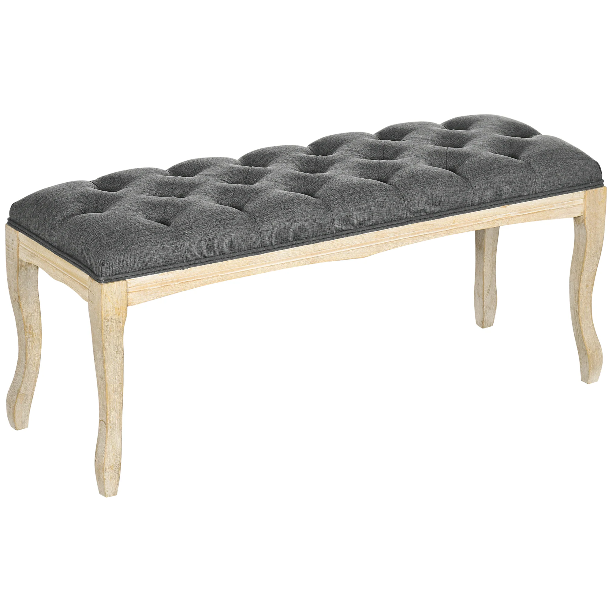Banc Banquette capitonnée Style Classique 110 cm Bout de lit Rembourrée en lin piètement Bois hévéa sculpté Lin Gris - Image 12