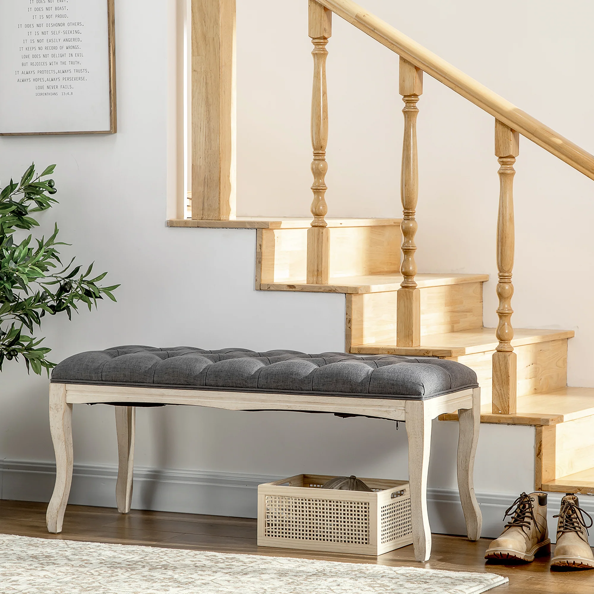 Banc Banquette capitonnée Style Classique 110 cm Bout de lit Rembourrée en lin piètement Bois hévéa sculpté Lin Gris - Image 3