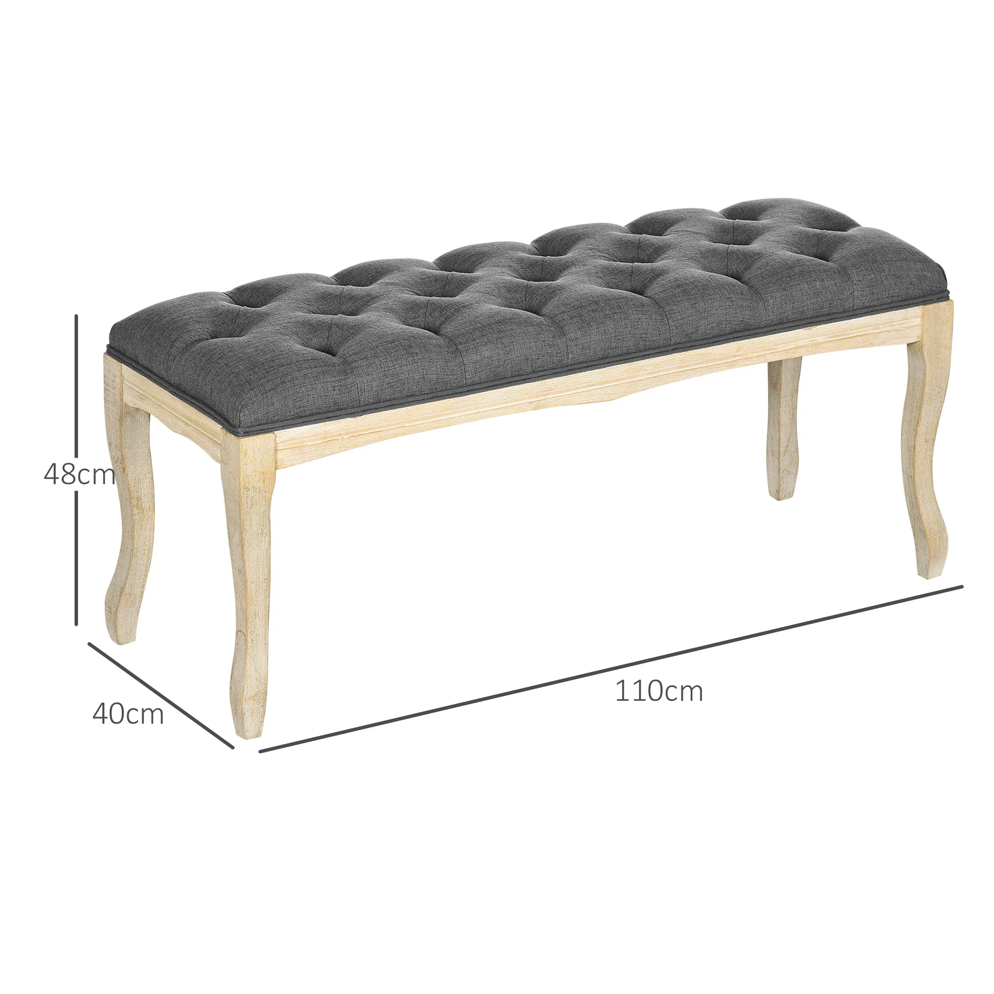 Banc Banquette capitonnée Style Classique 110 cm Bout de lit Rembourrée en lin piètement Bois hévéa sculpté Lin Gris - Image 4