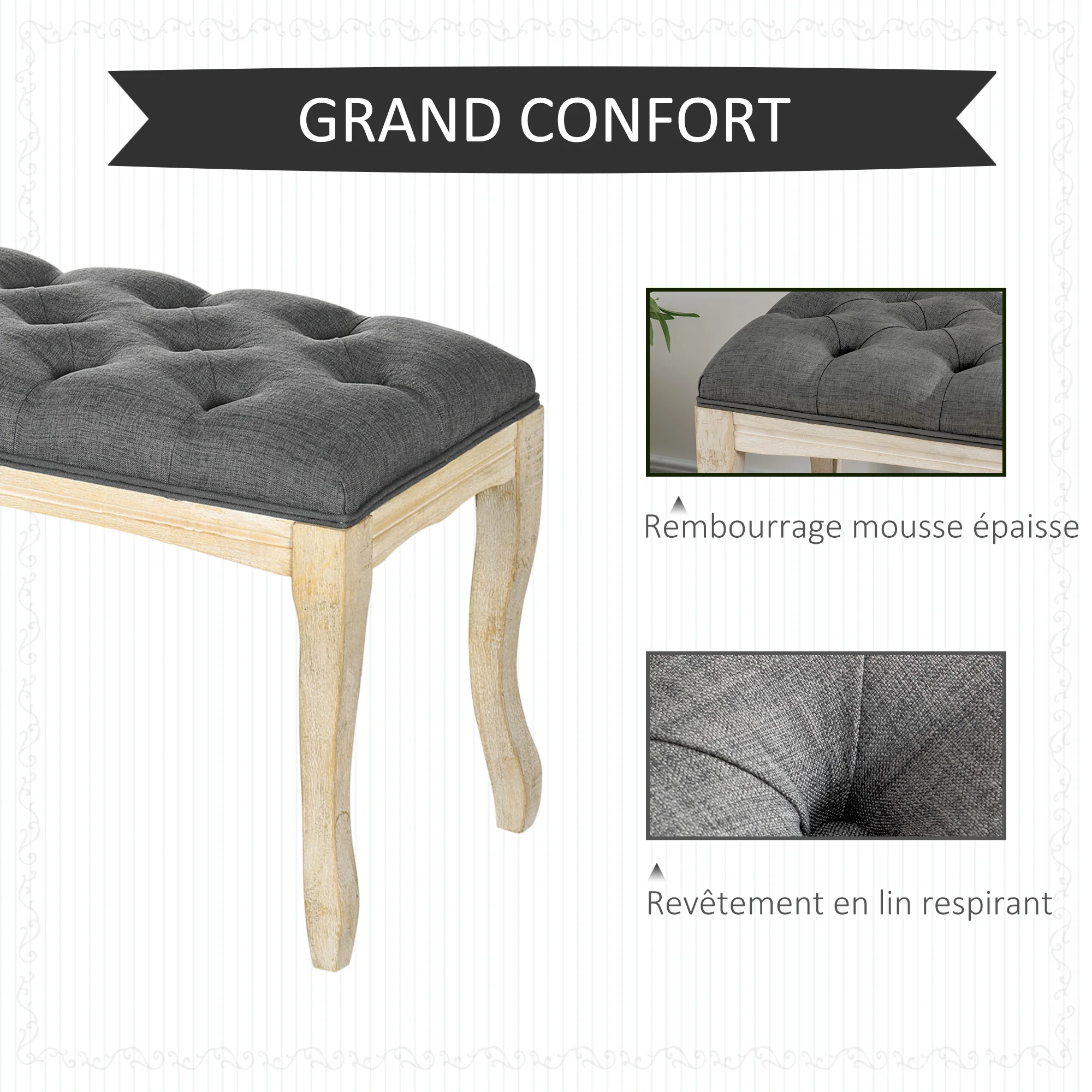 Banc Banquette capitonnée Style Classique 110 cm Bout de lit Rembourrée en lin piètement Bois hévéa sculpté Lin Gris - Image 5