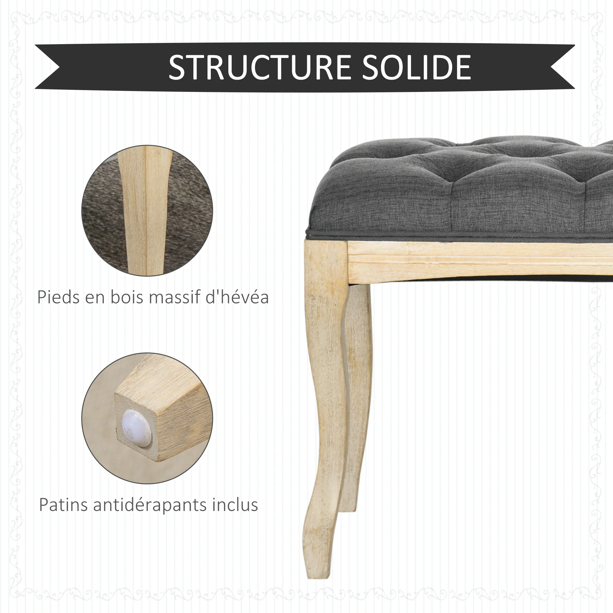 Banc Banquette capitonnée Style Classique 110 cm Bout de lit Rembourrée en lin piètement Bois hévéa sculpté Lin Gris - Image 6