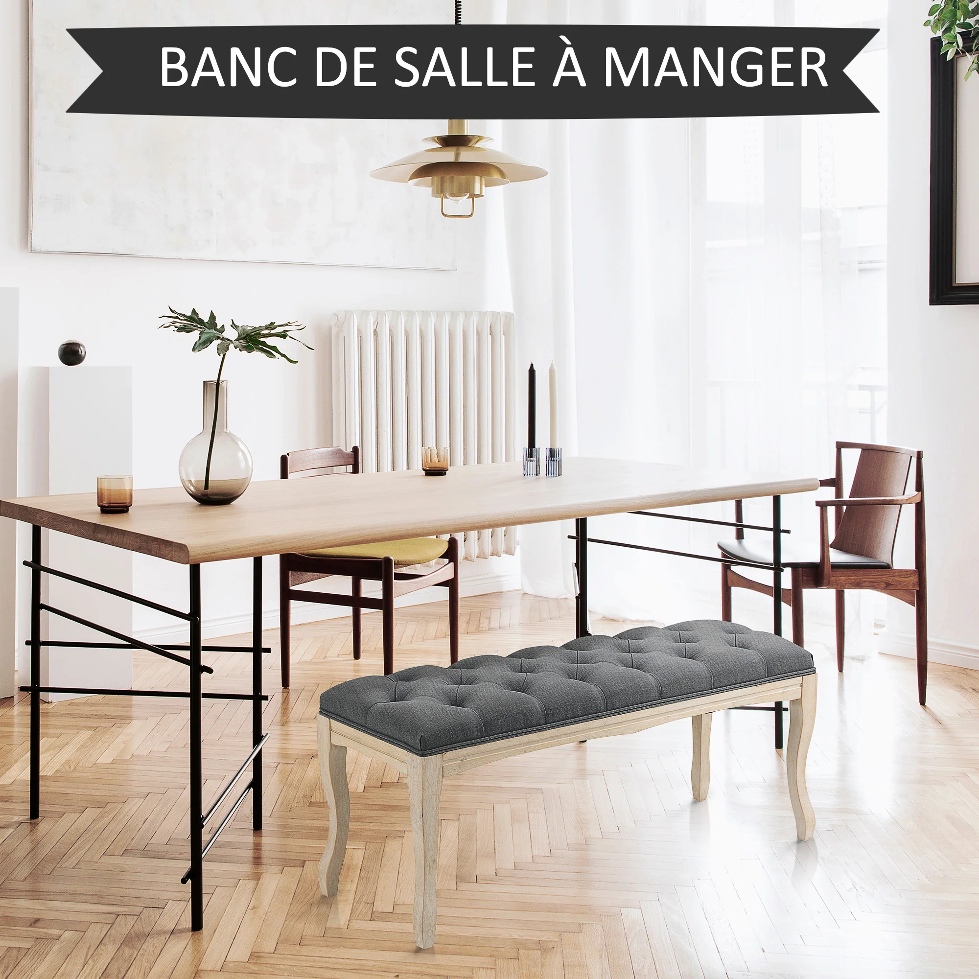 Banc Banquette capitonnée Style Classique 110 cm Bout de lit Rembourrée en lin piètement Bois hévéa sculpté Lin Gris - Image 7