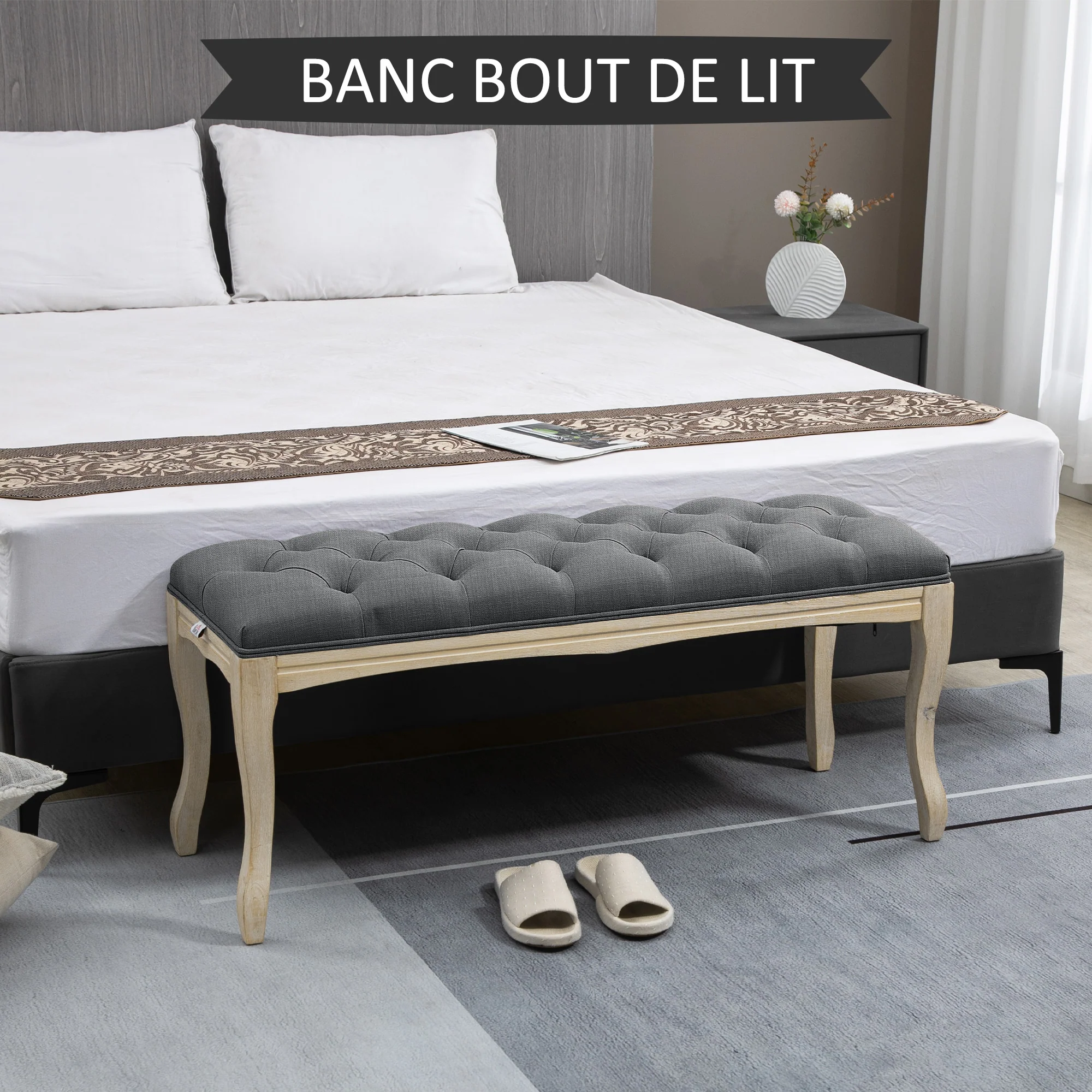 Banc Banquette capitonnée Style Classique 110 cm Bout de lit Rembourrée en lin piètement Bois hévéa sculpté Lin Gris - Image 8